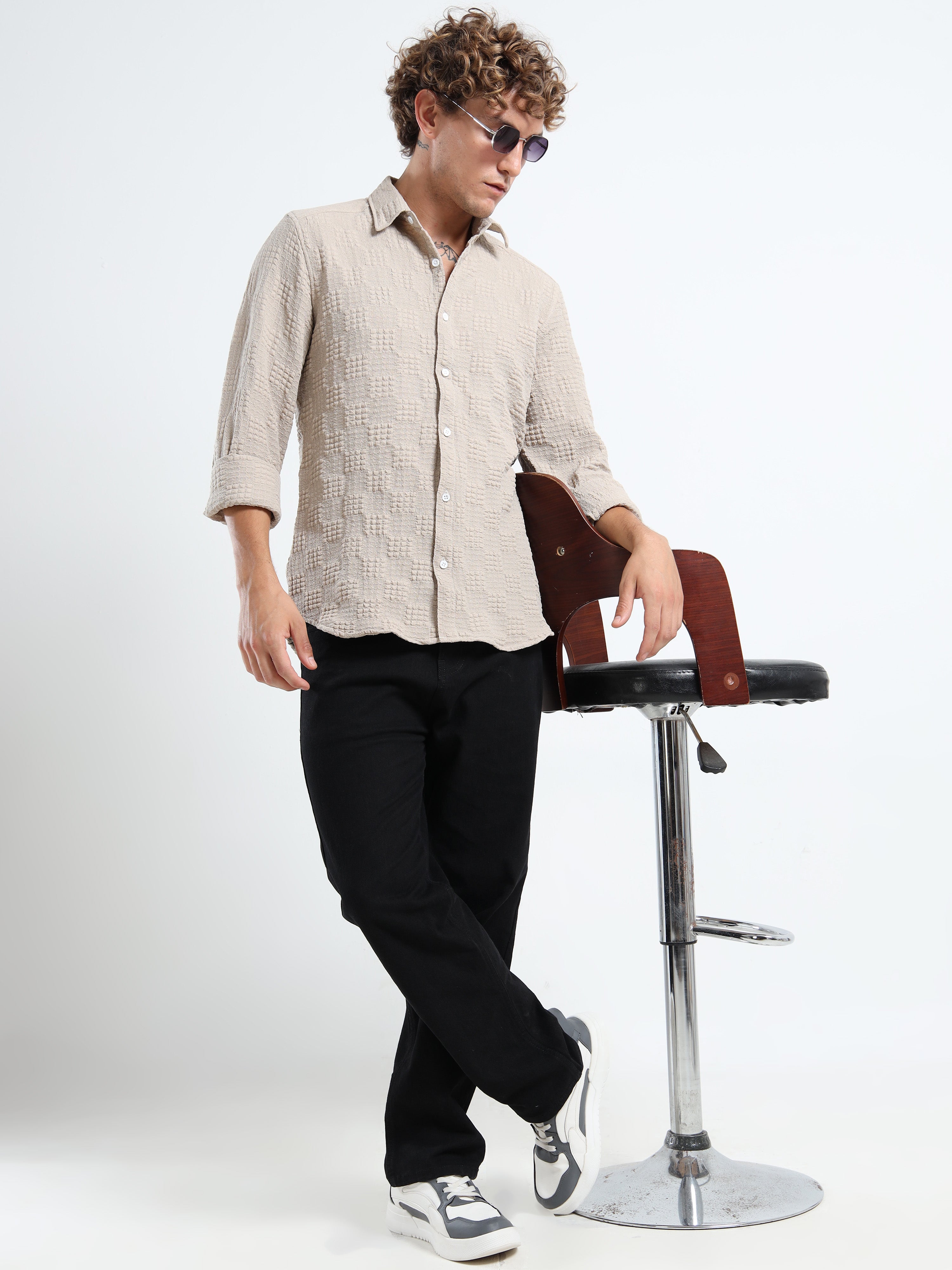 Men’s Beige Textured Check Casual Shirt