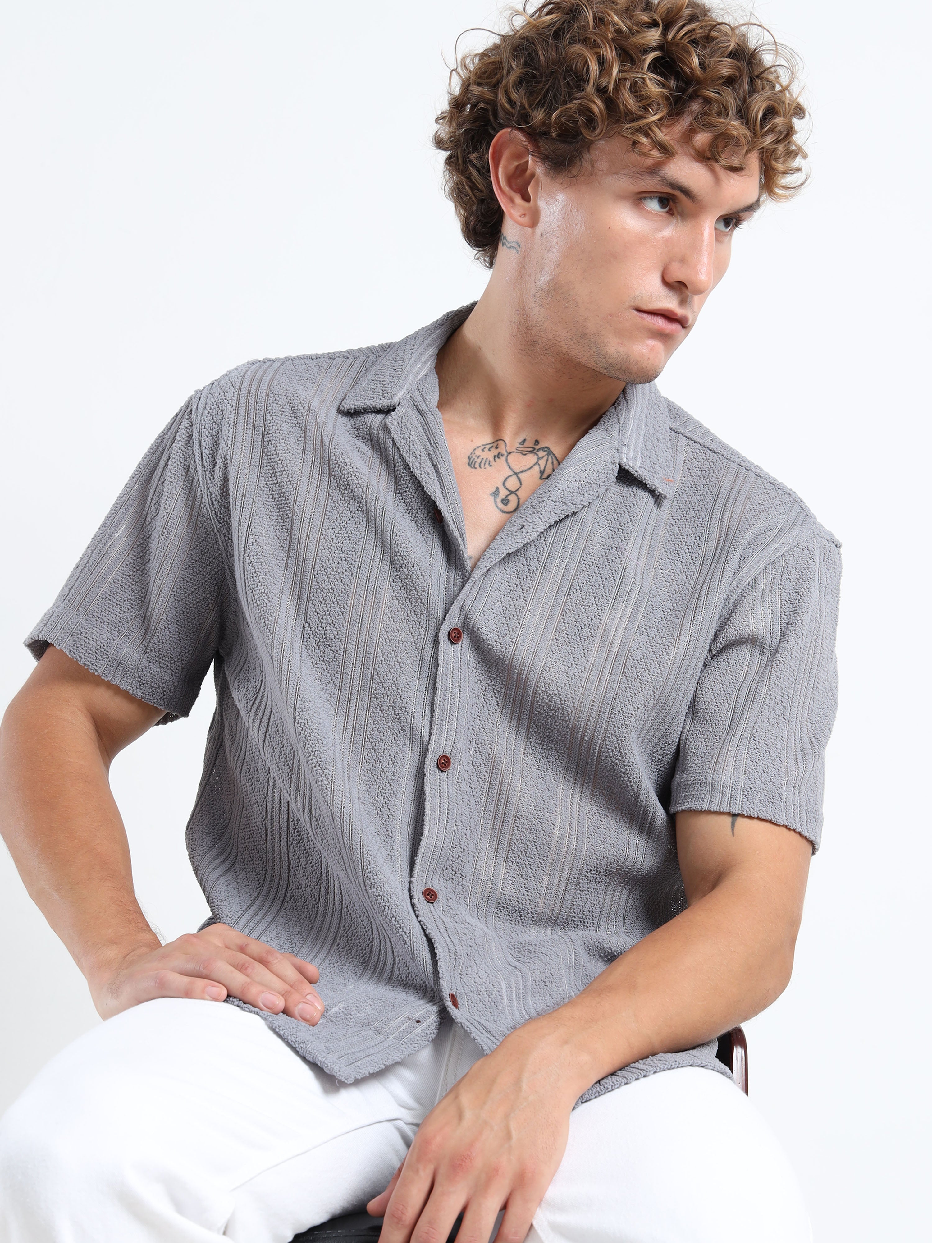 Men's Textured Cuban Collar Casual Grey Shirt