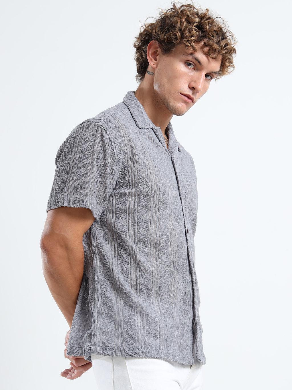 Men's Textured Cuban Collar Casual Grey Shirt