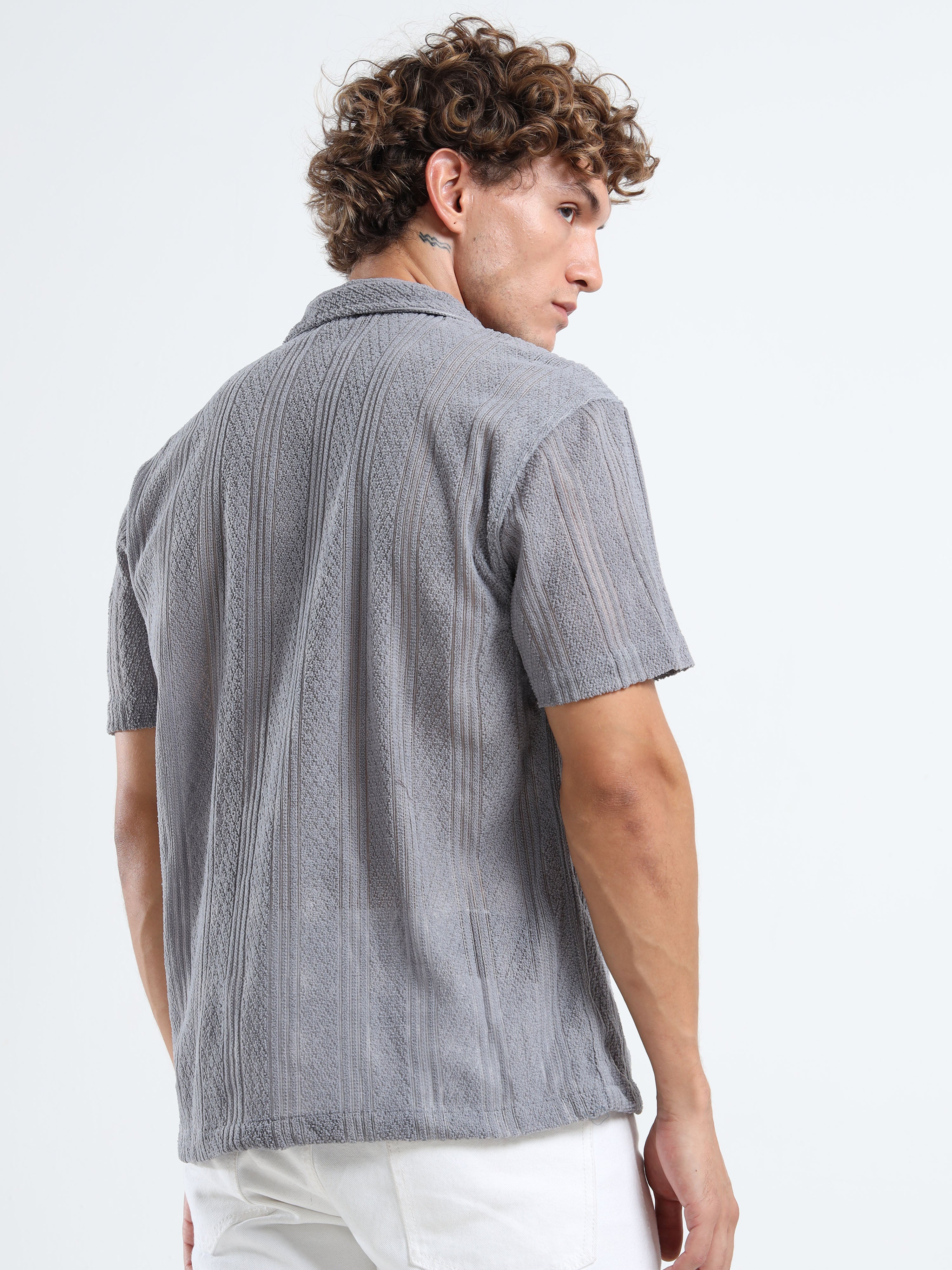 Men's Textured Cuban Collar Casual Grey Shirt