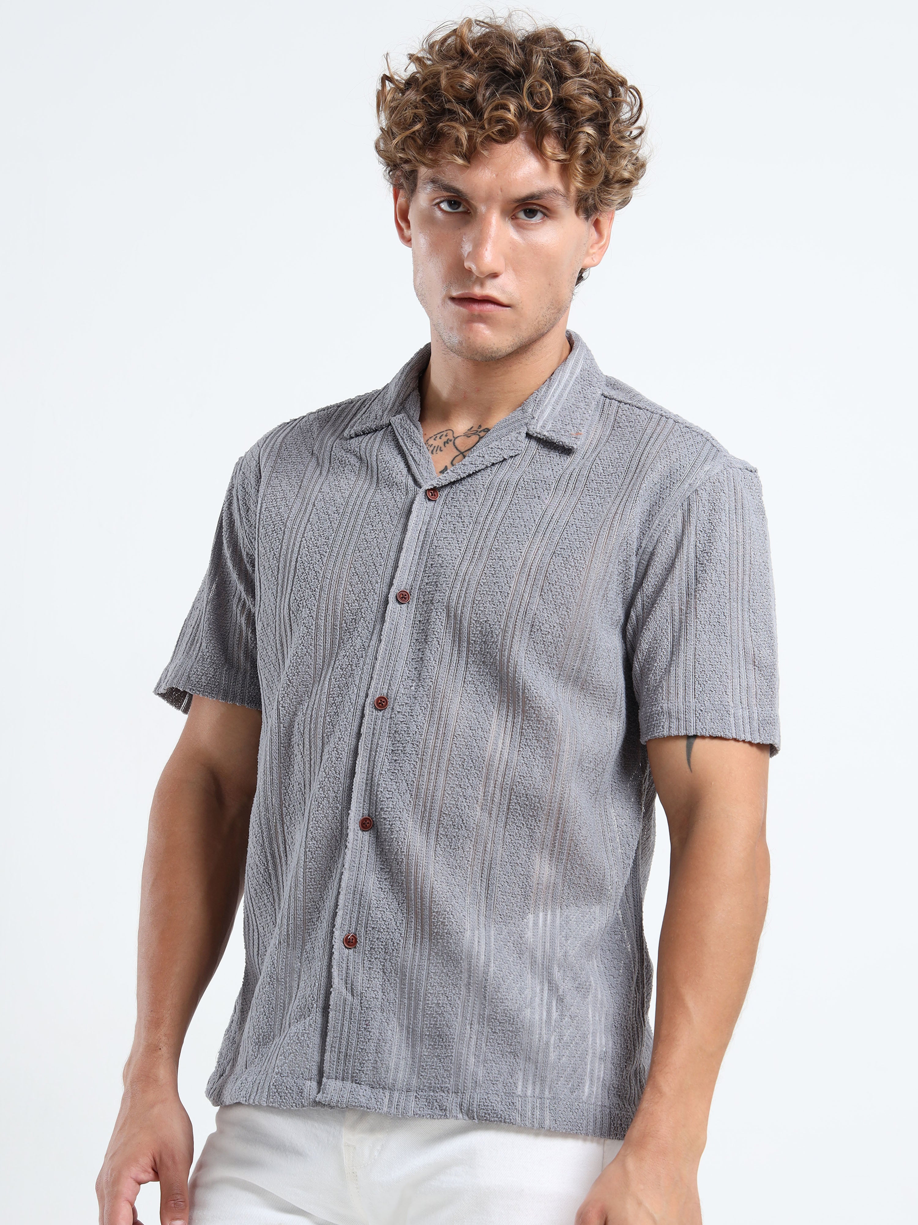 Men's Textured Cuban Collar Casual Grey Shirt