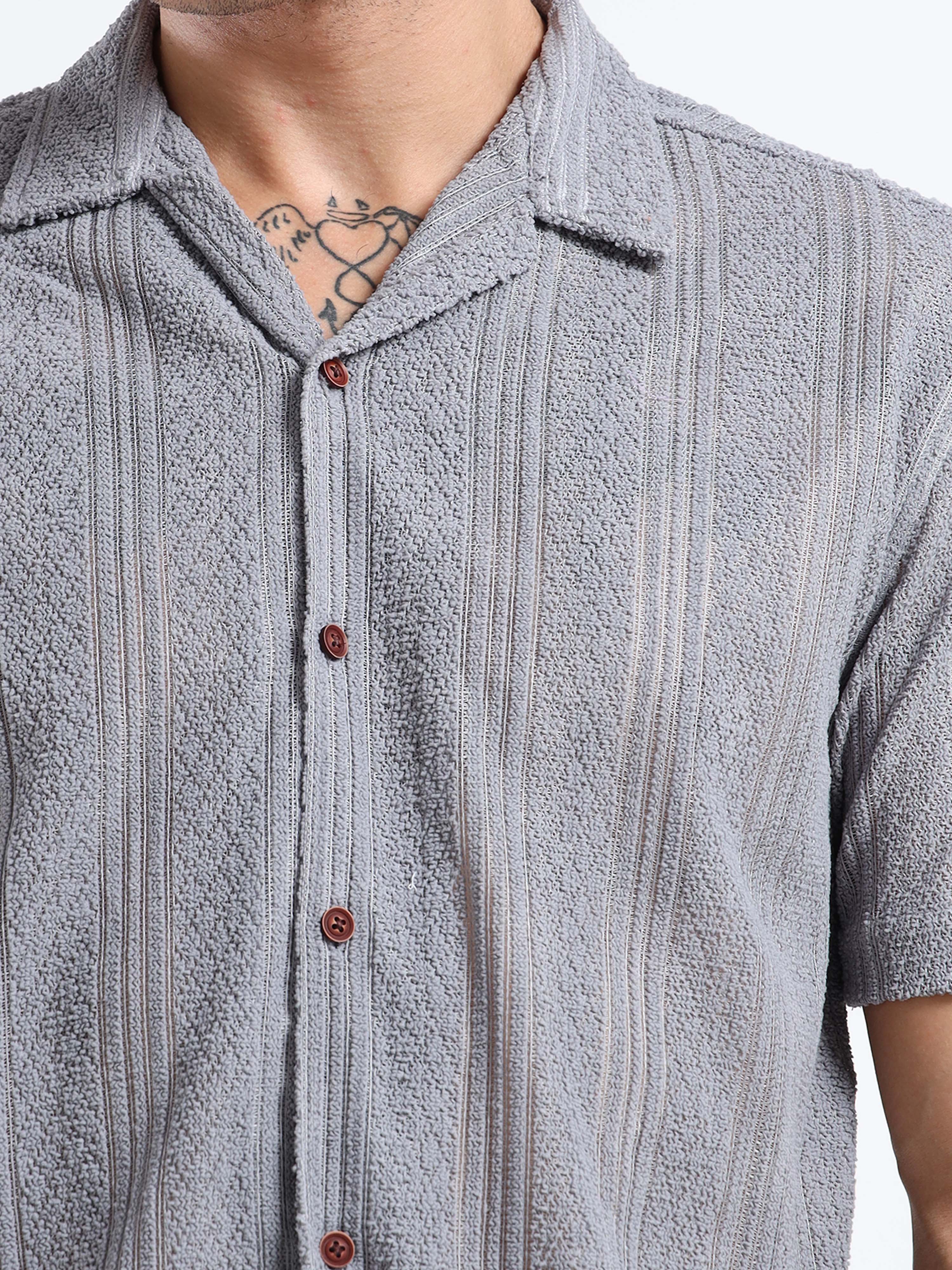 Men's Textured Cuban Collar Casual Grey Shirt