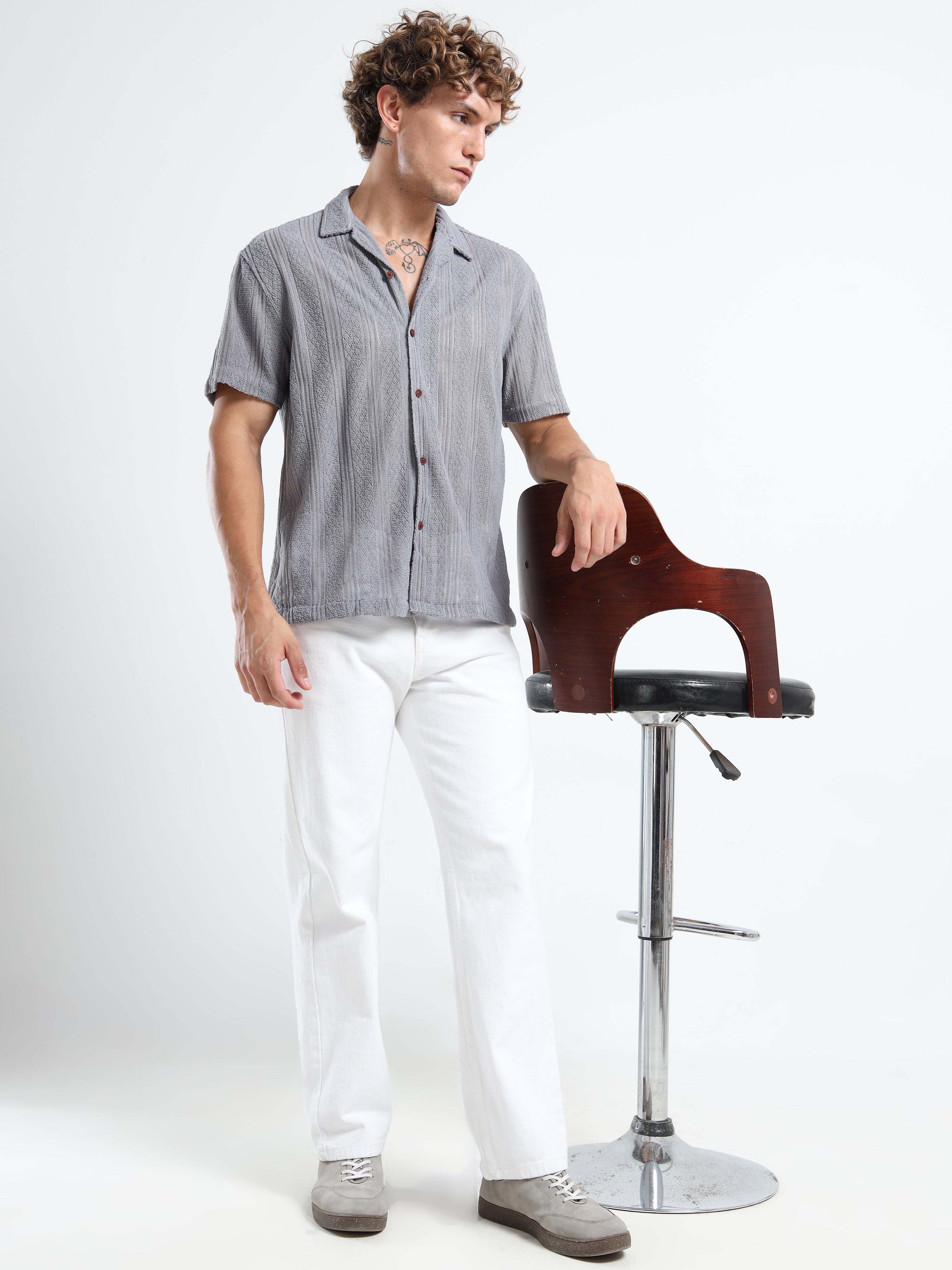 Men's Textured Cuban Collar Casual Grey Shirt