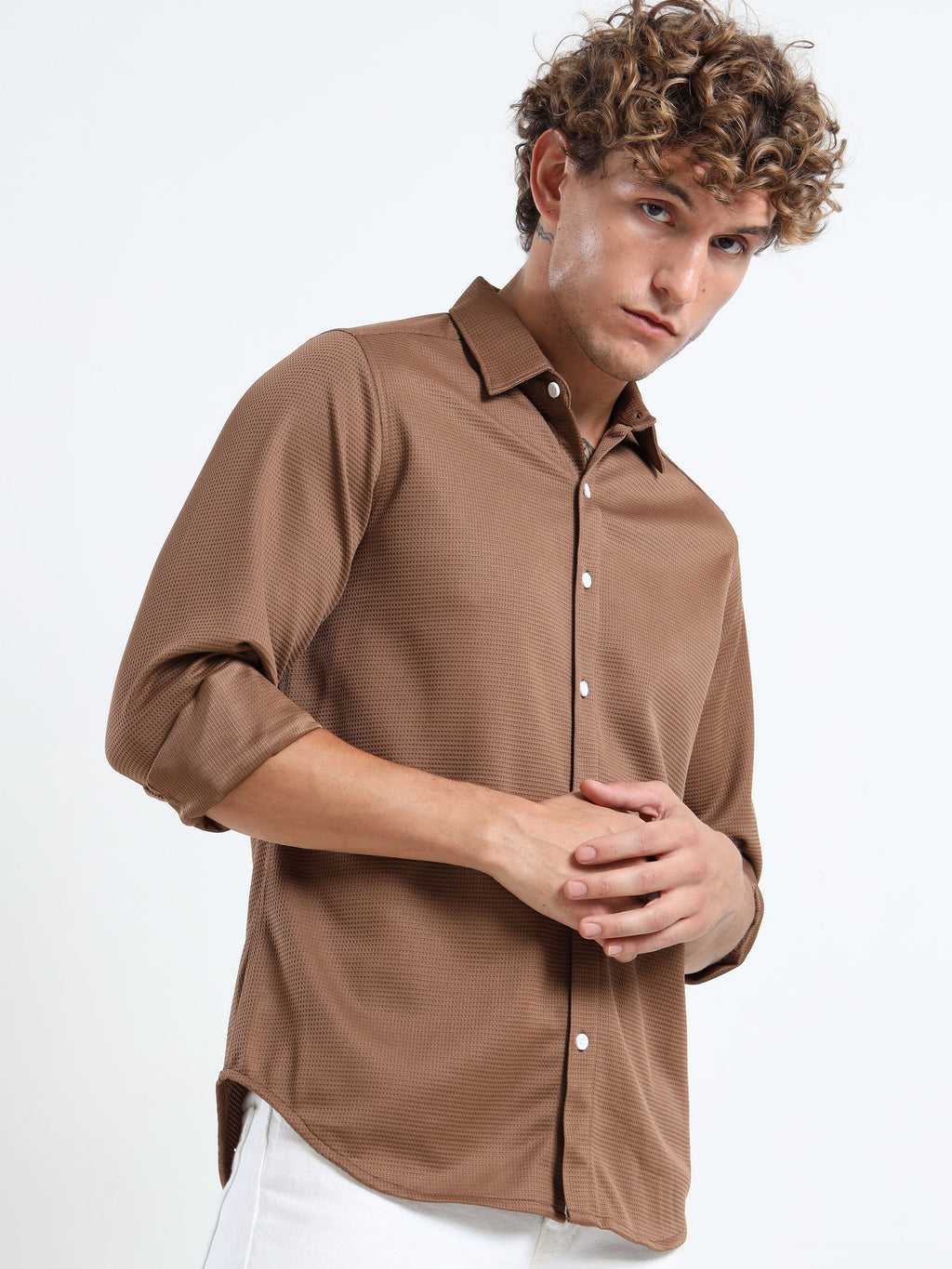 Men’s Brown Textured Micro-Pattern Shirt