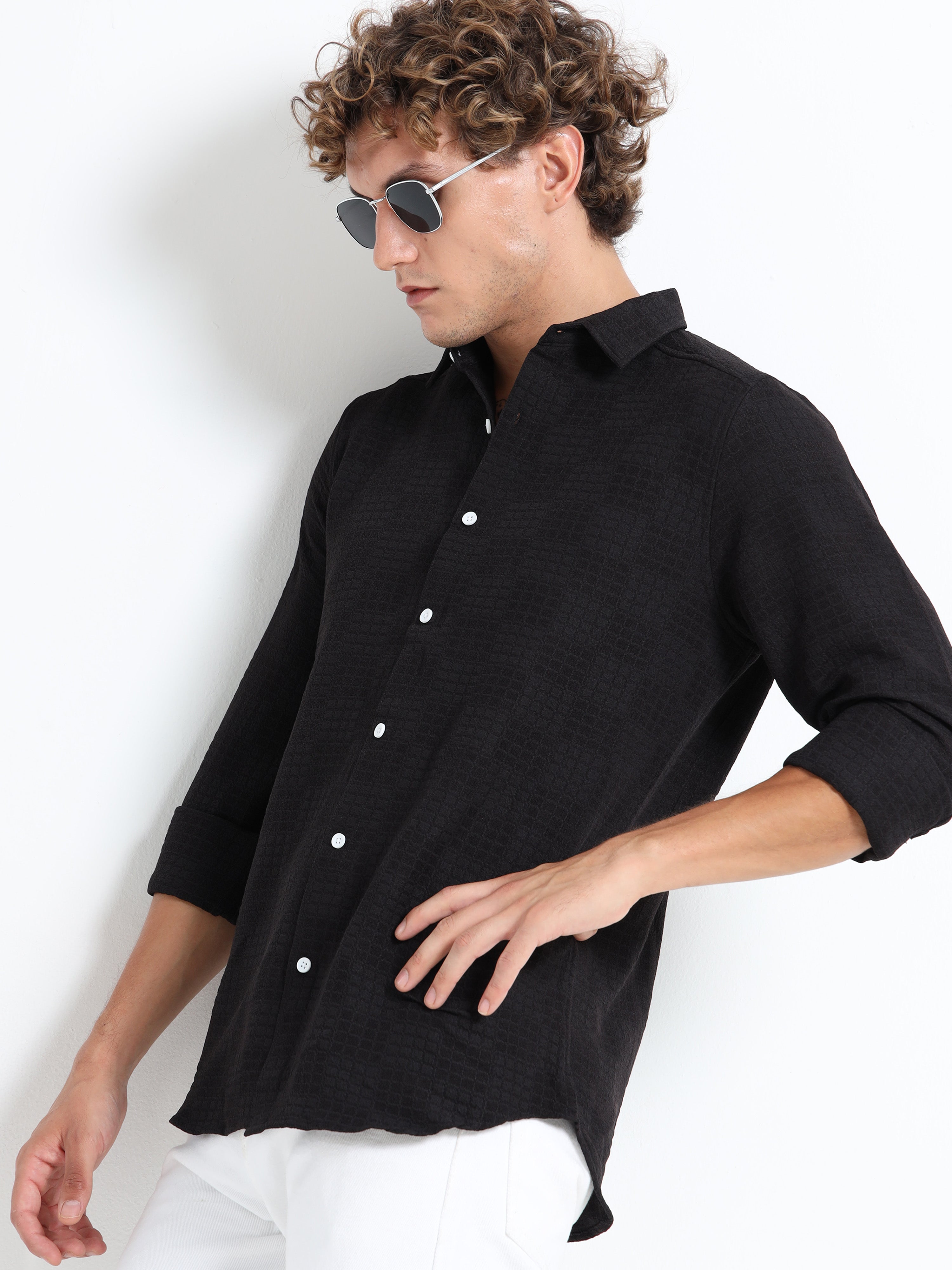 Men’s Black Textured Check Casual Shirt