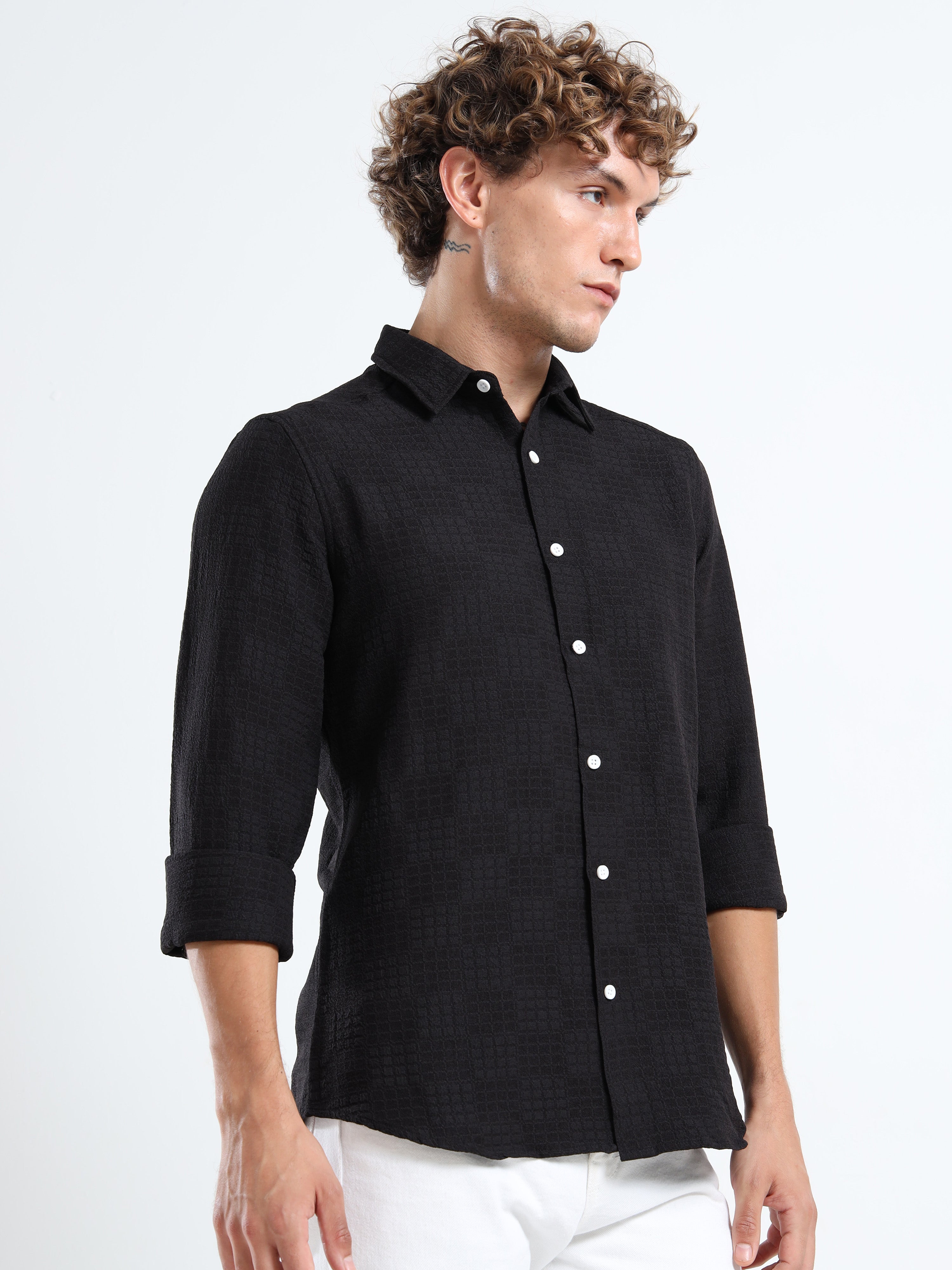 Men’s Black Textured Check Casual Shirt