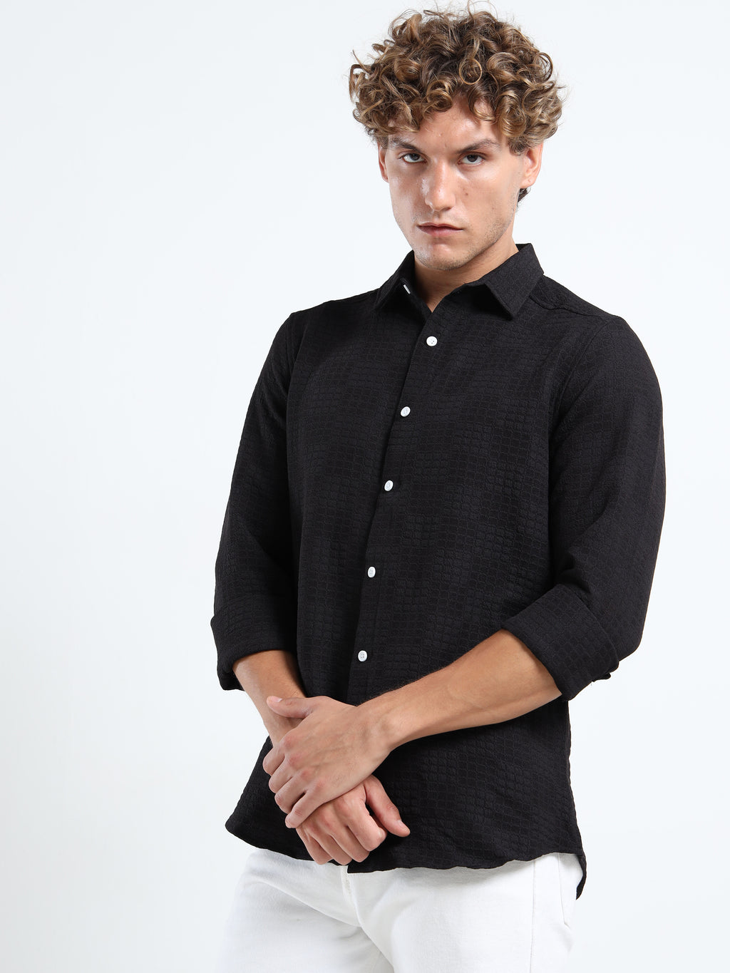 Men’s Black Textured Check Casual Shirt