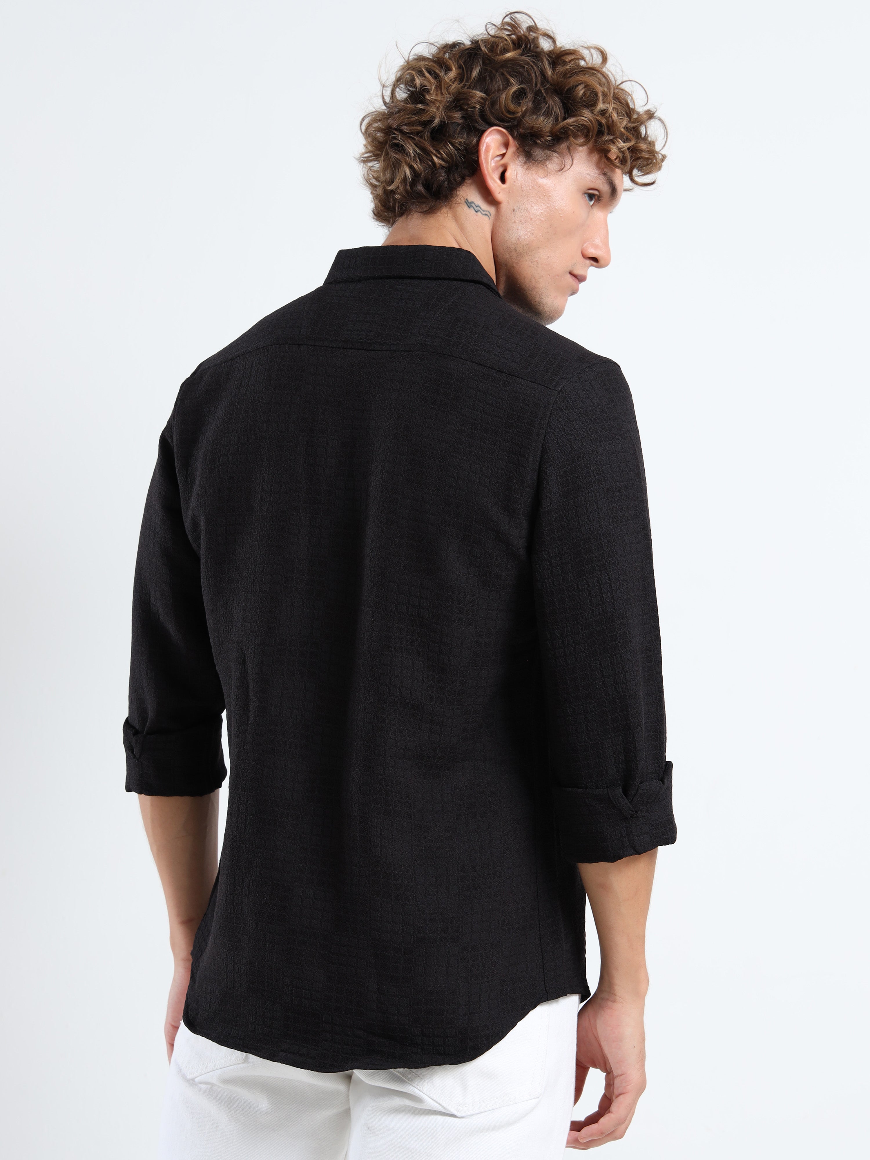 Men’s Black Textured Check Casual Shirt