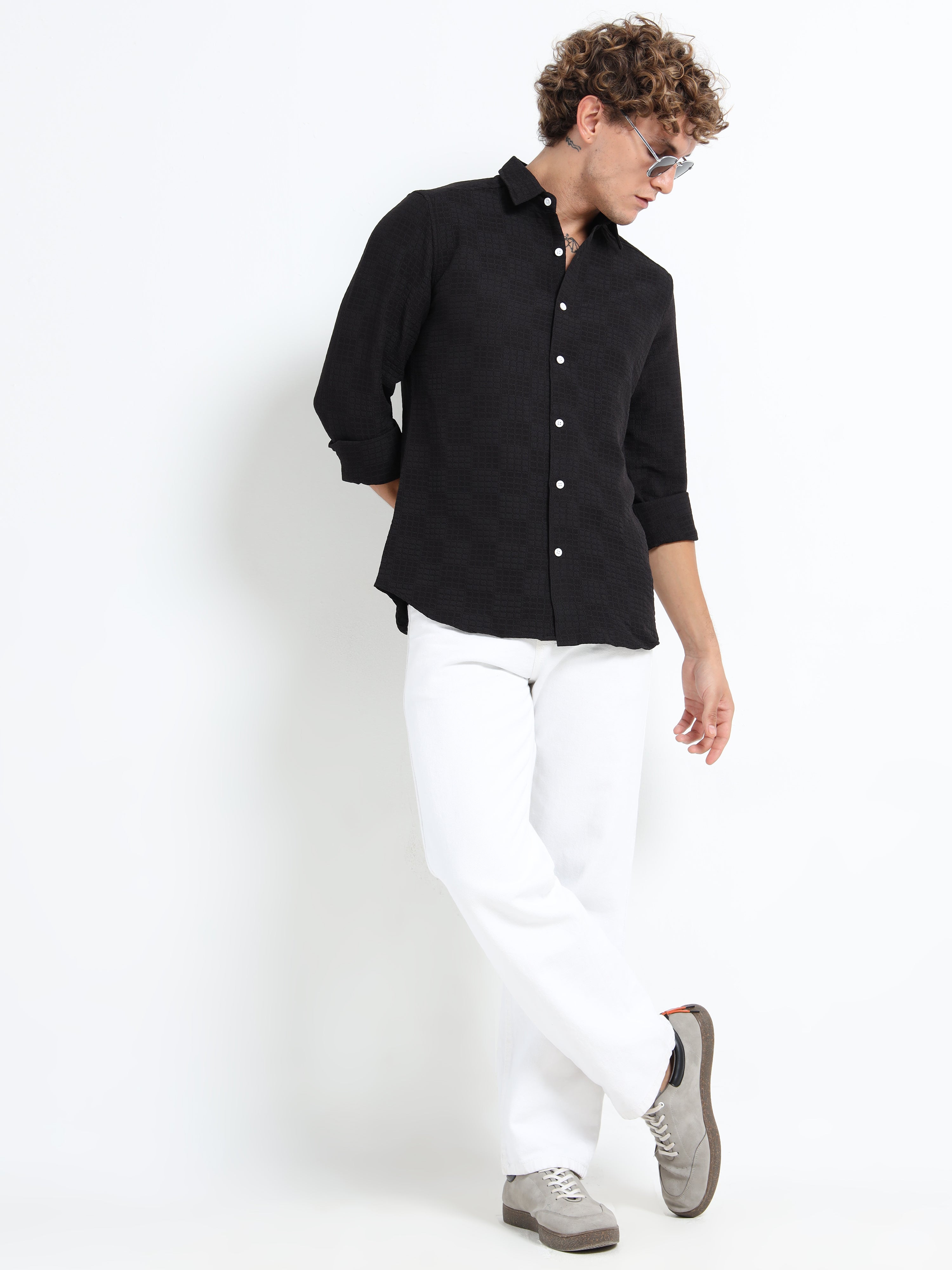 Men’s Black Textured Check Casual Shirt