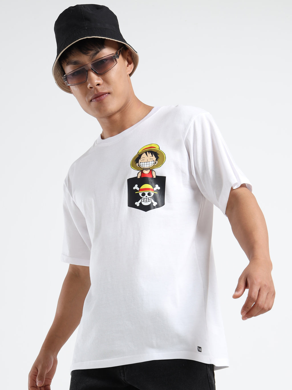Men's White One Piece Luffy Pocket Graphic T-Shirt