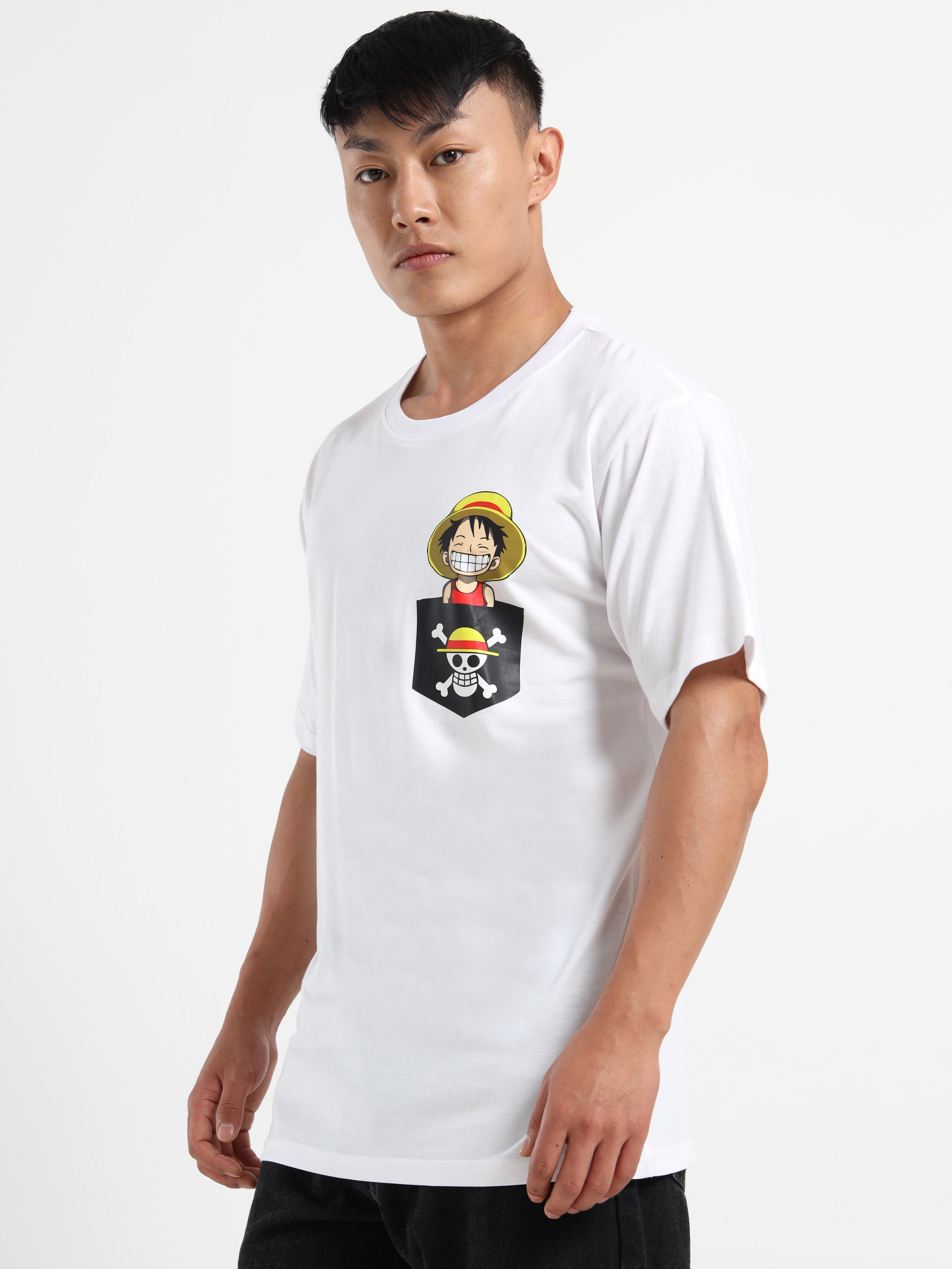 Men's White One Piece Luffy Pocket Graphic T-Shirt