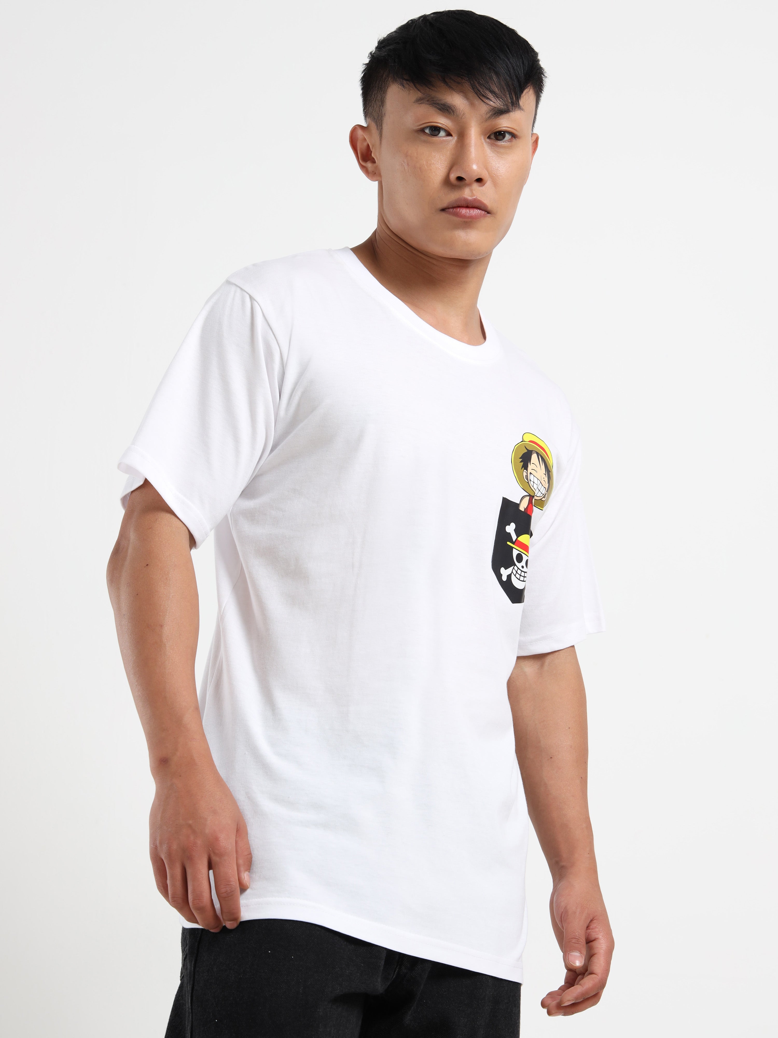 Men's White One Piece Luffy Pocket Graphic T-Shirt