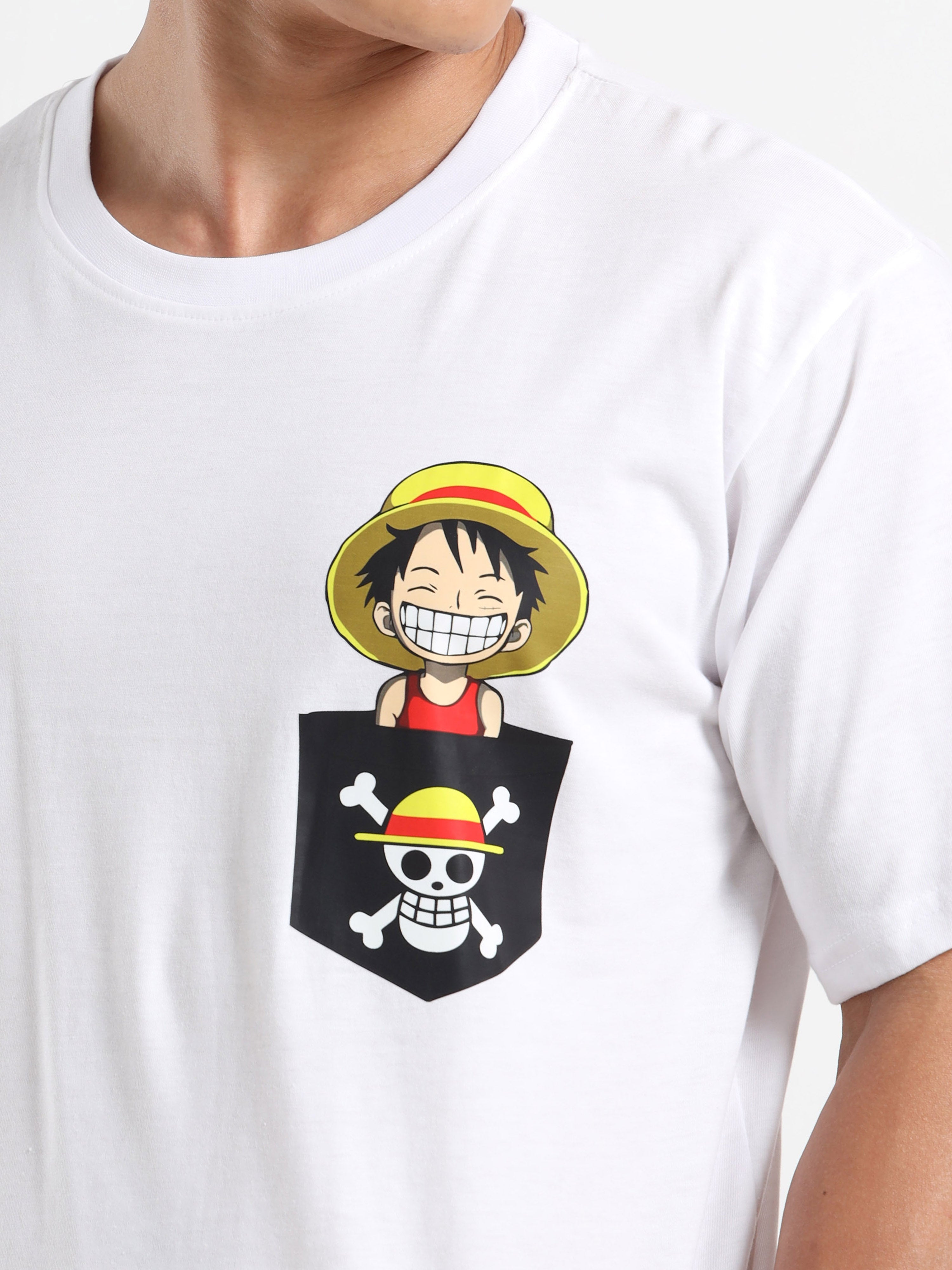 Men's White One Piece Luffy Pocket Graphic T-Shirt