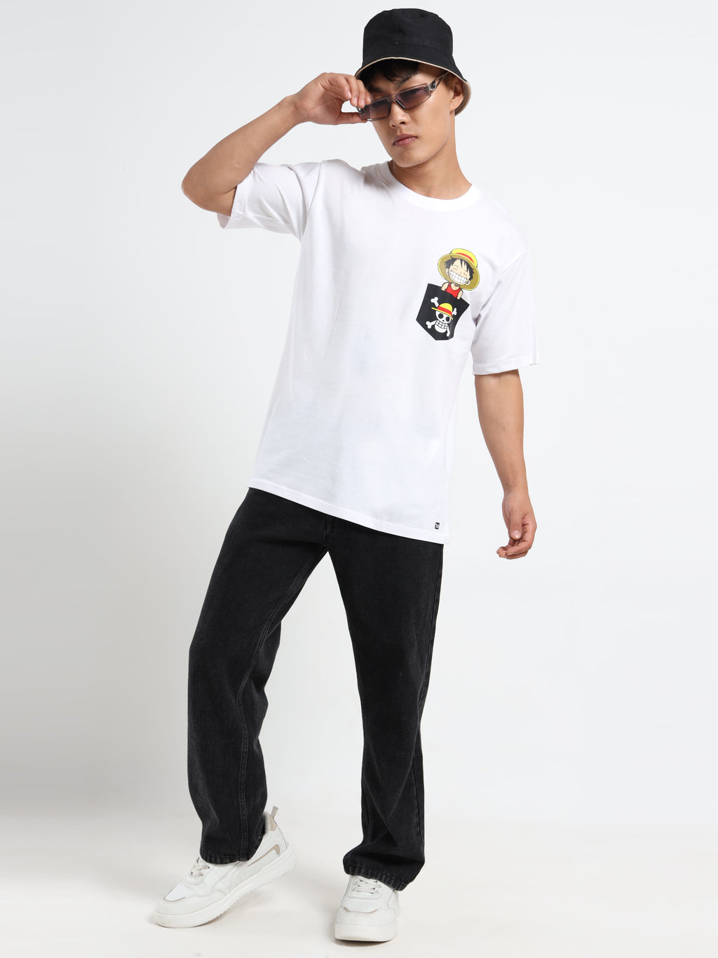Men's White One Piece Luffy Pocket Graphic T-Shirt