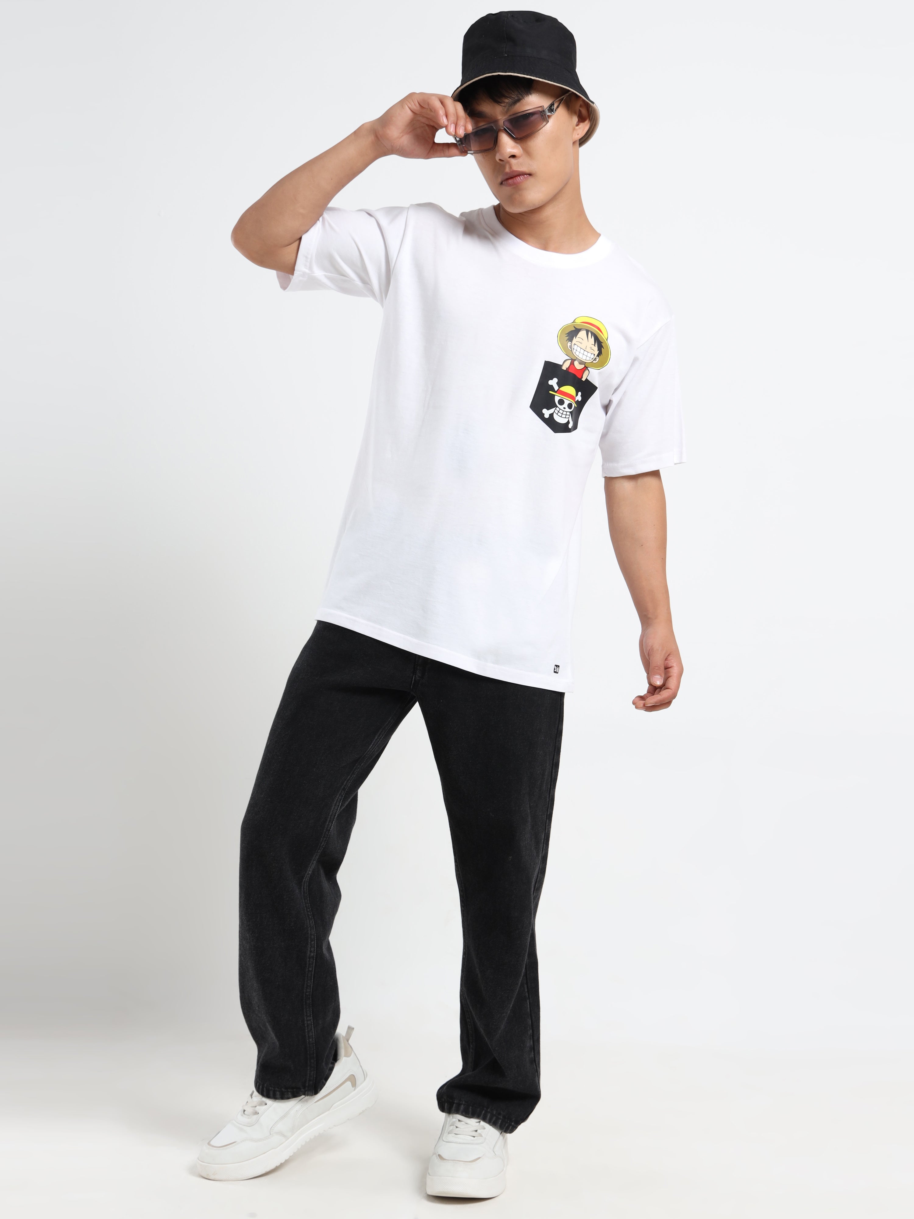 Men's White One Piece Luffy Pocket Graphic T-Shirt