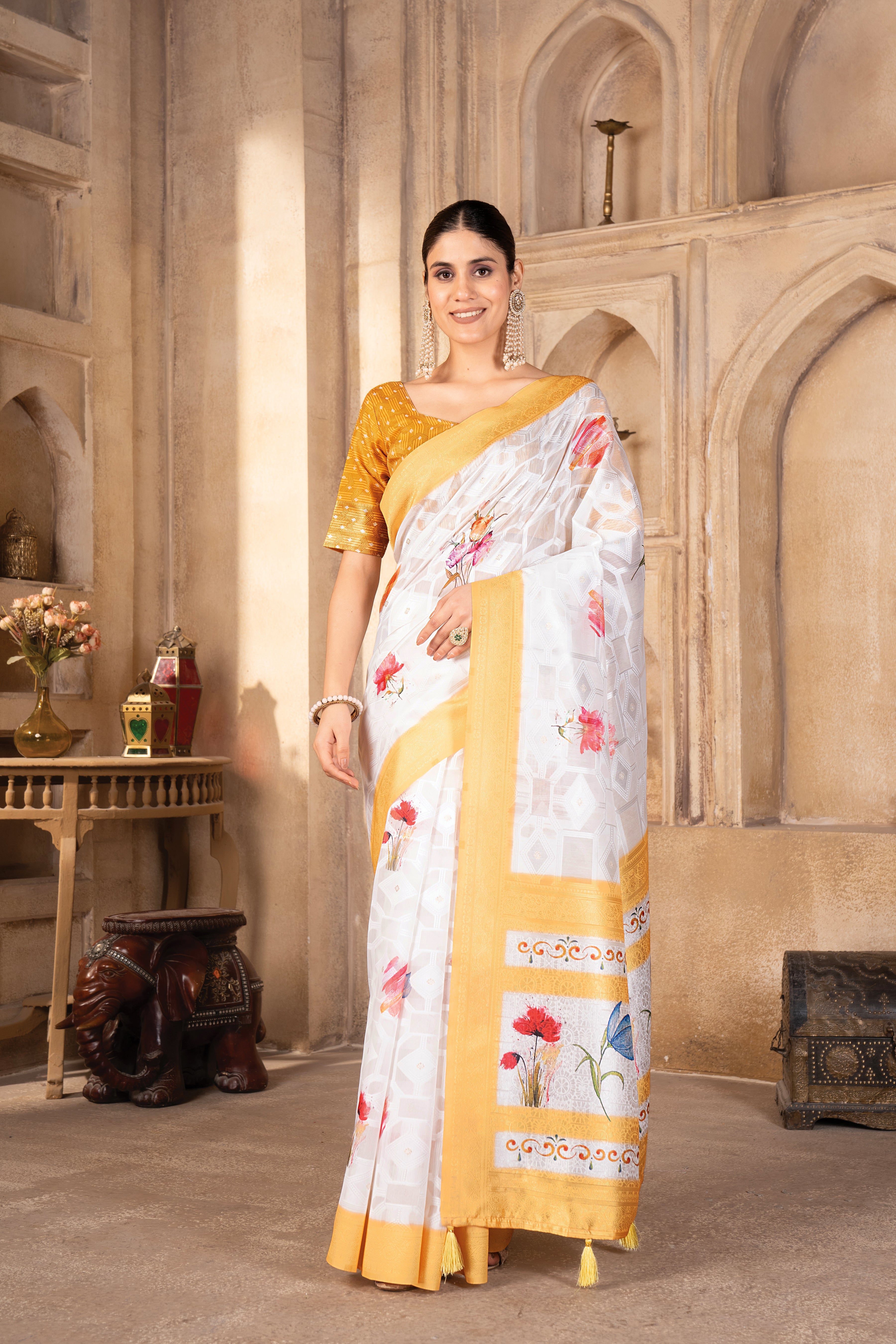 Lakhnavi Yellow Cotton Digital Floral Printed Saree