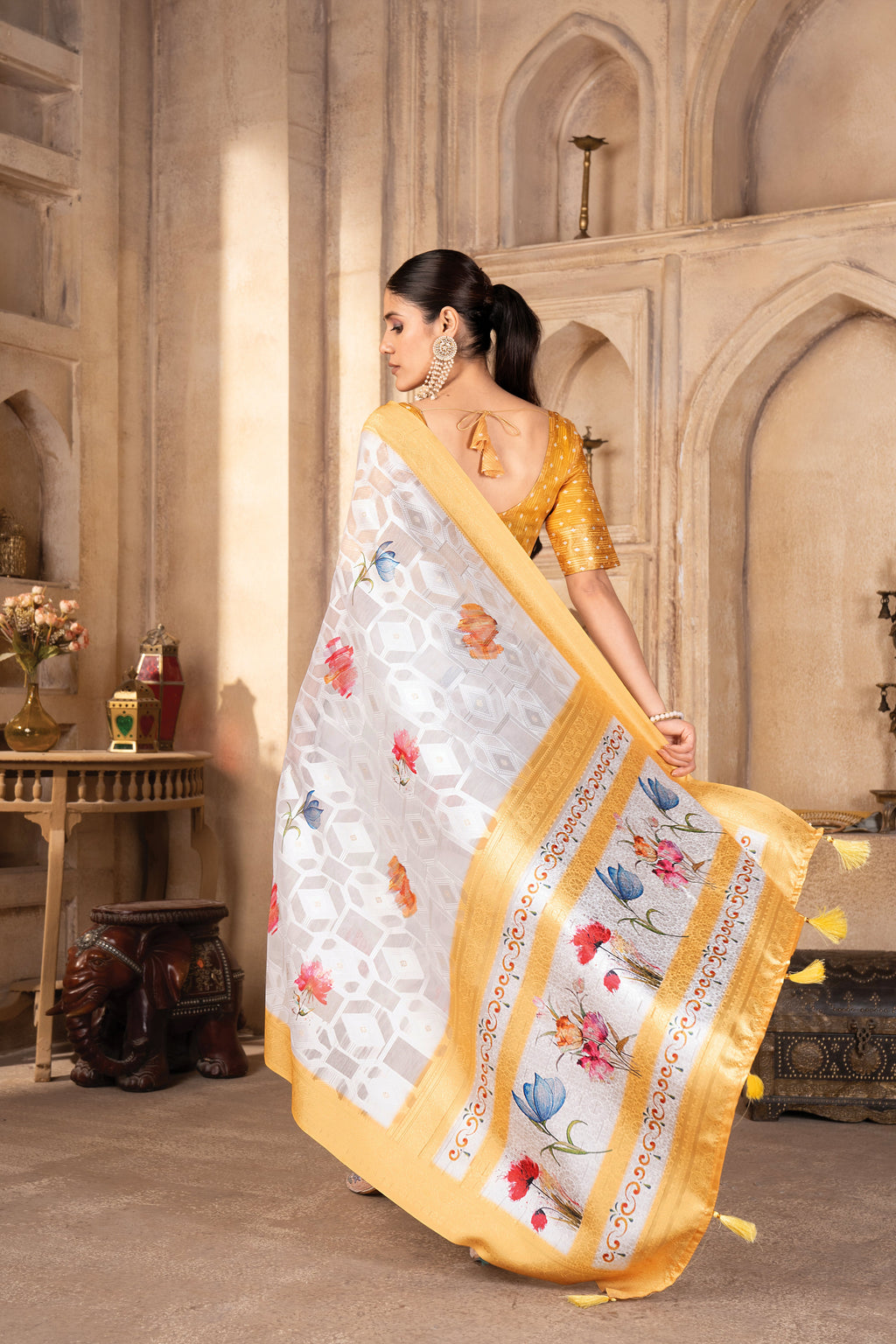 Lakhnavi Yellow Cotton Digital Floral Printed Saree