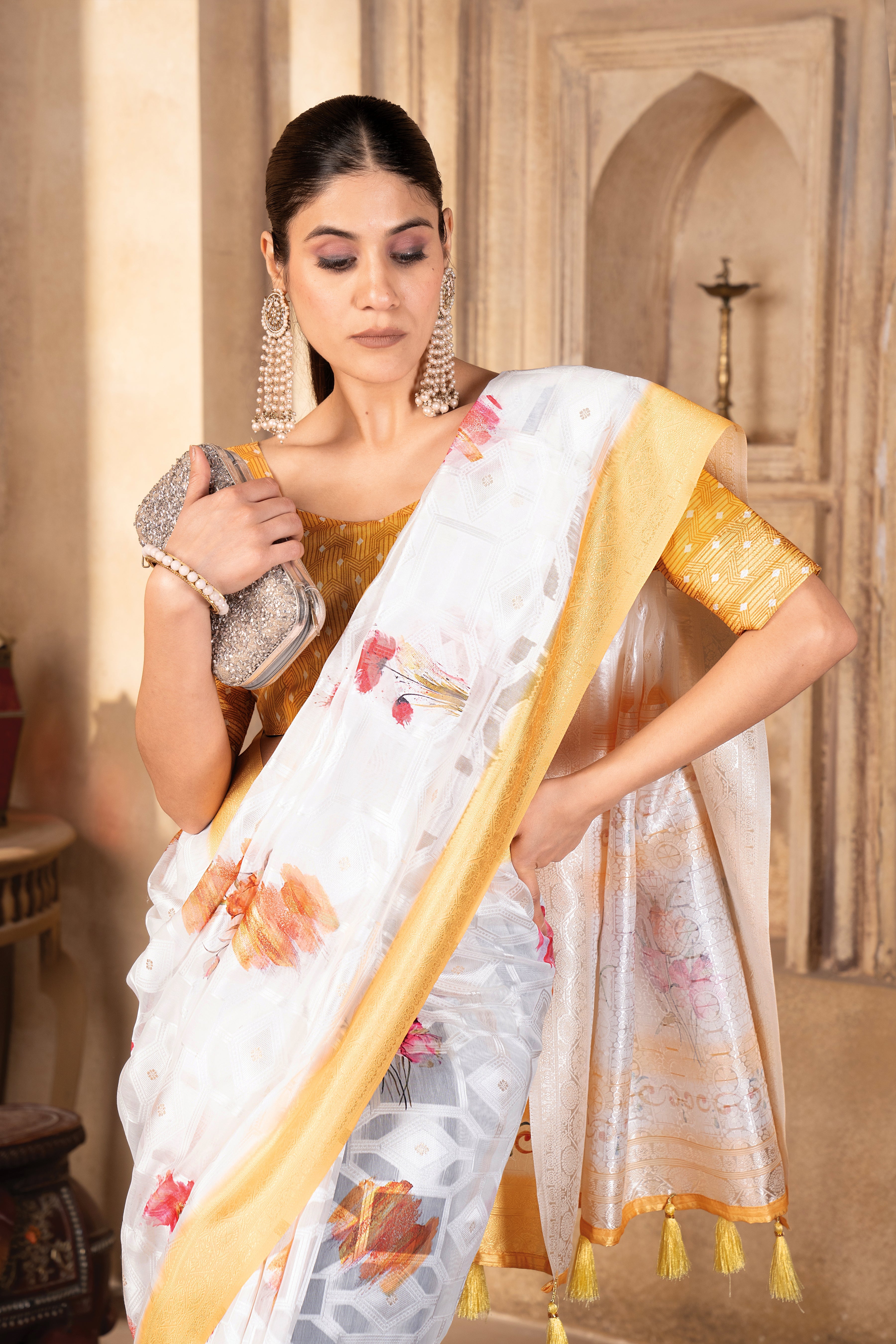 Lakhnavi Yellow Cotton Digital Floral Printed Saree