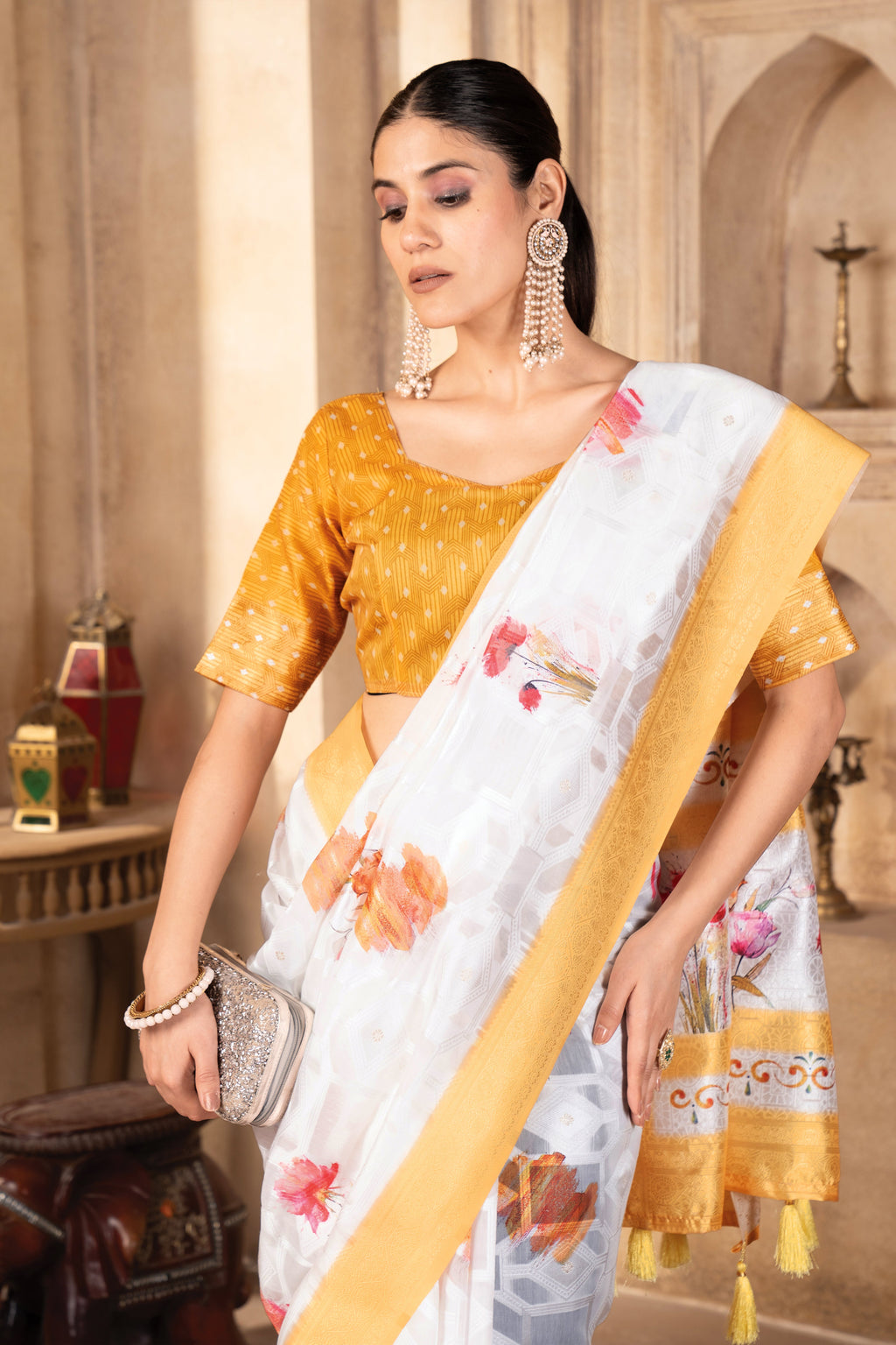 Lakhnavi Yellow Cotton Digital Floral Printed Saree