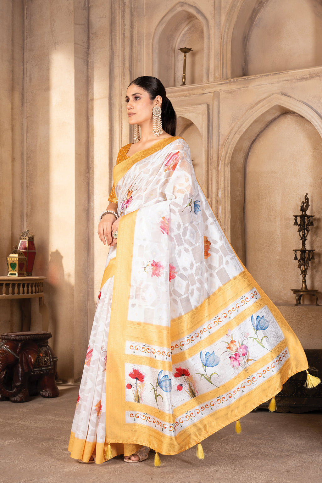 Lakhnavi Yellow Cotton Digital Floral Printed Saree