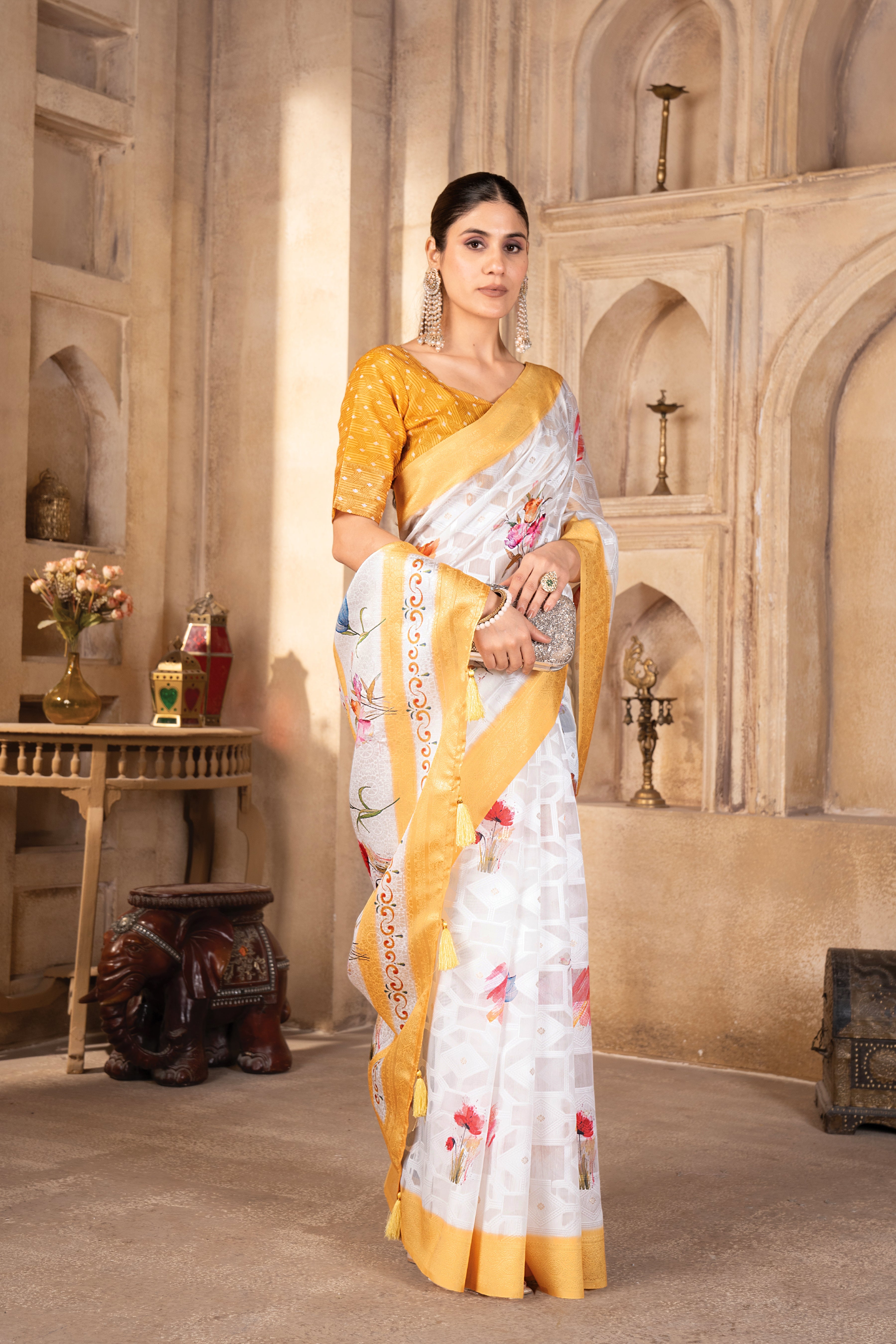 Lakhnavi Yellow Cotton Digital Floral Printed Saree