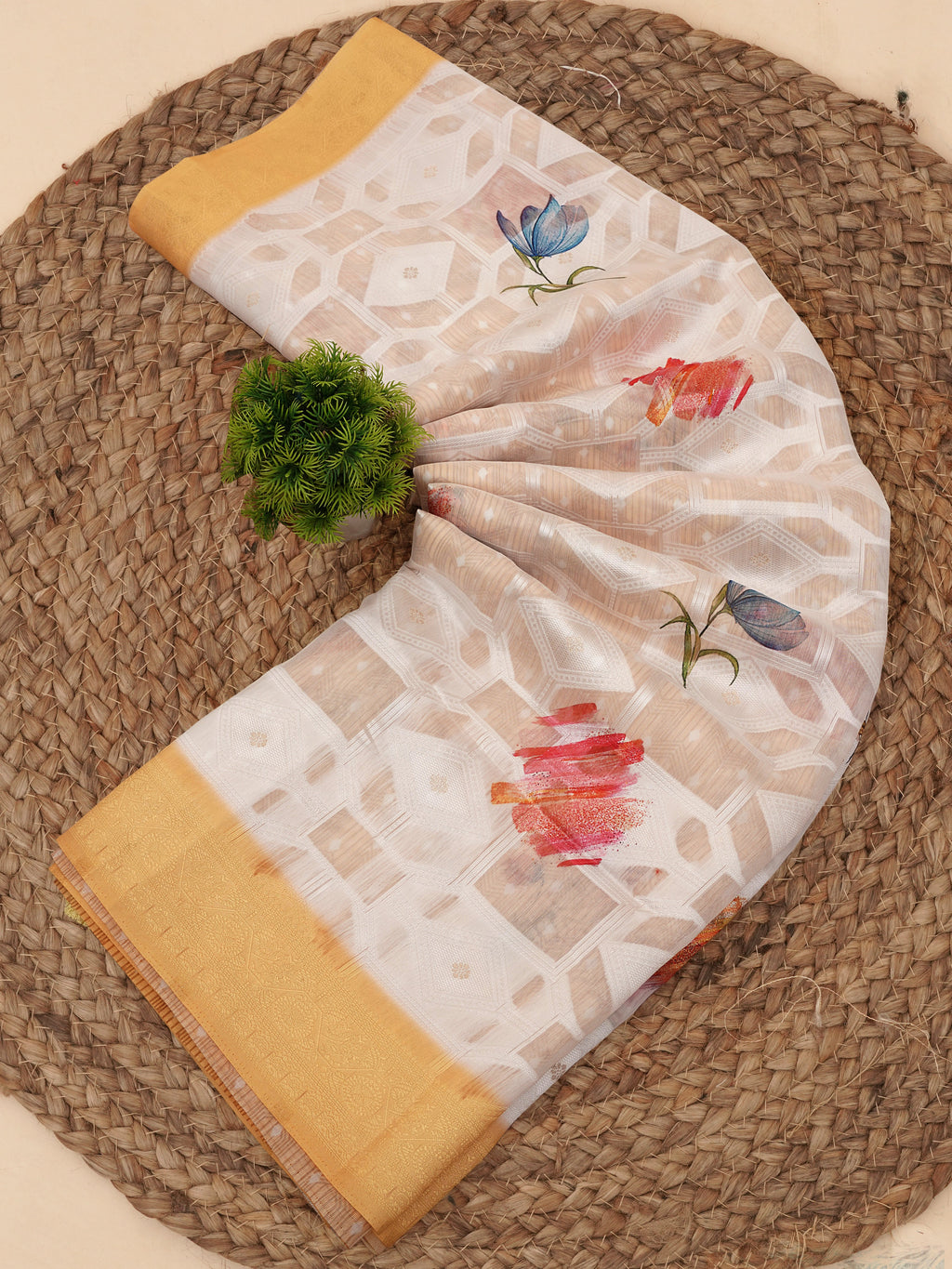 Lakhnavi Yellow Cotton Digital Floral Printed Saree