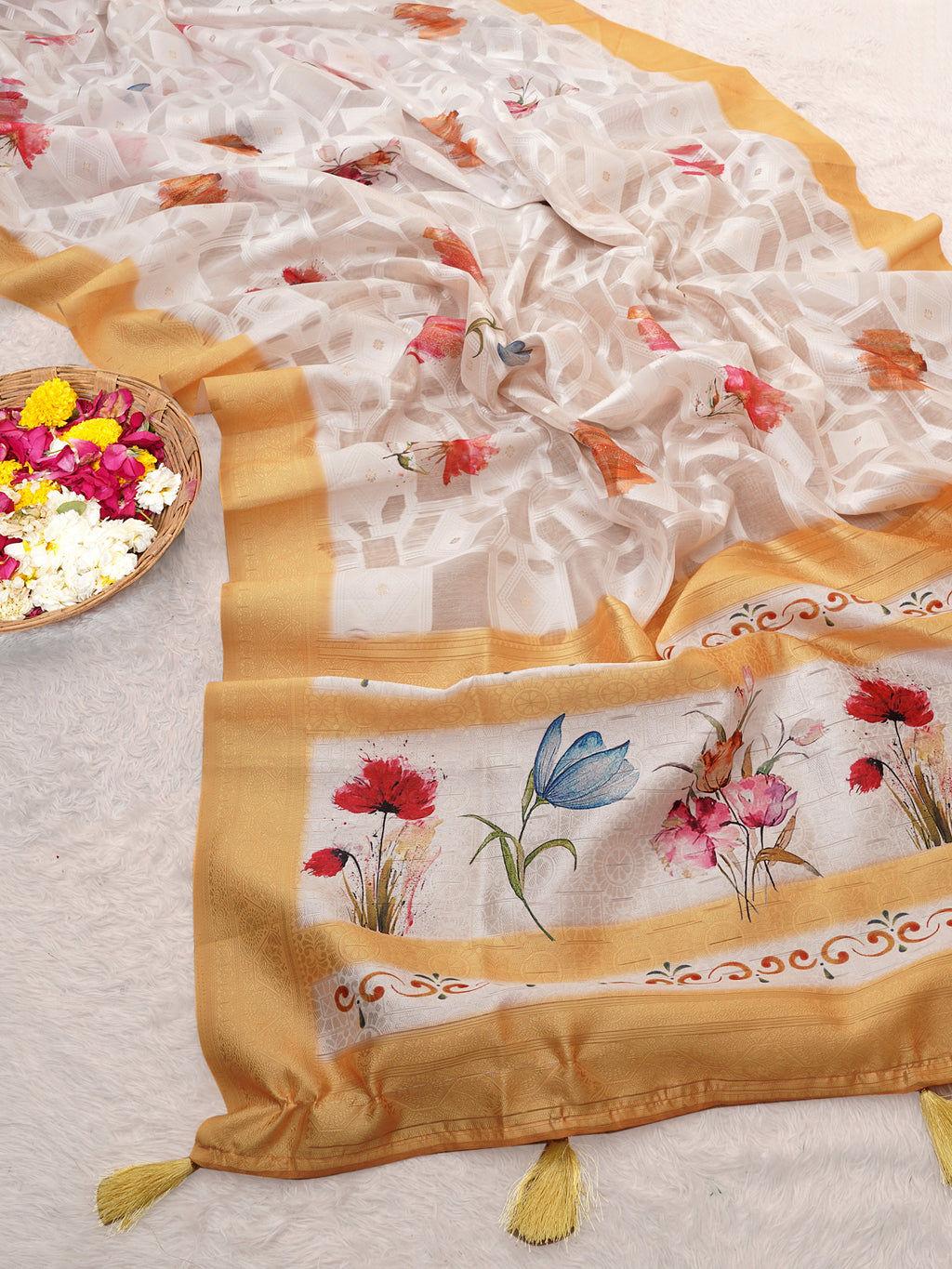 Lakhnavi Yellow Cotton Digital Floral Printed Saree