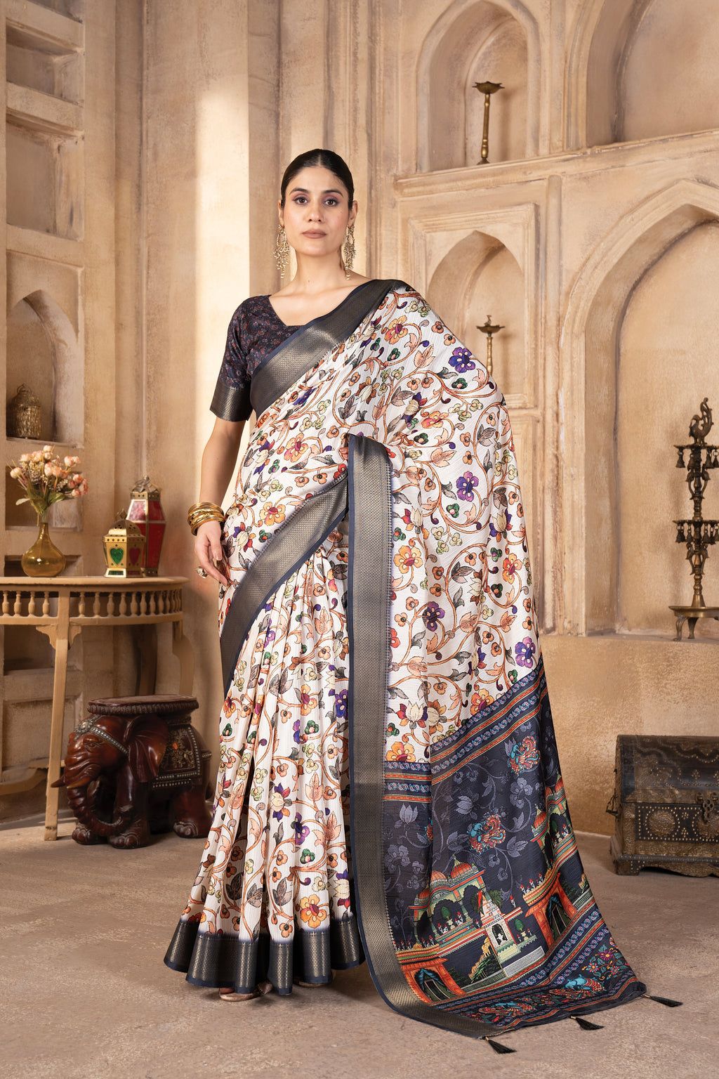 Cream Bhagalpuri Kalamkari Spun Cotton Zari Digital Print Saree