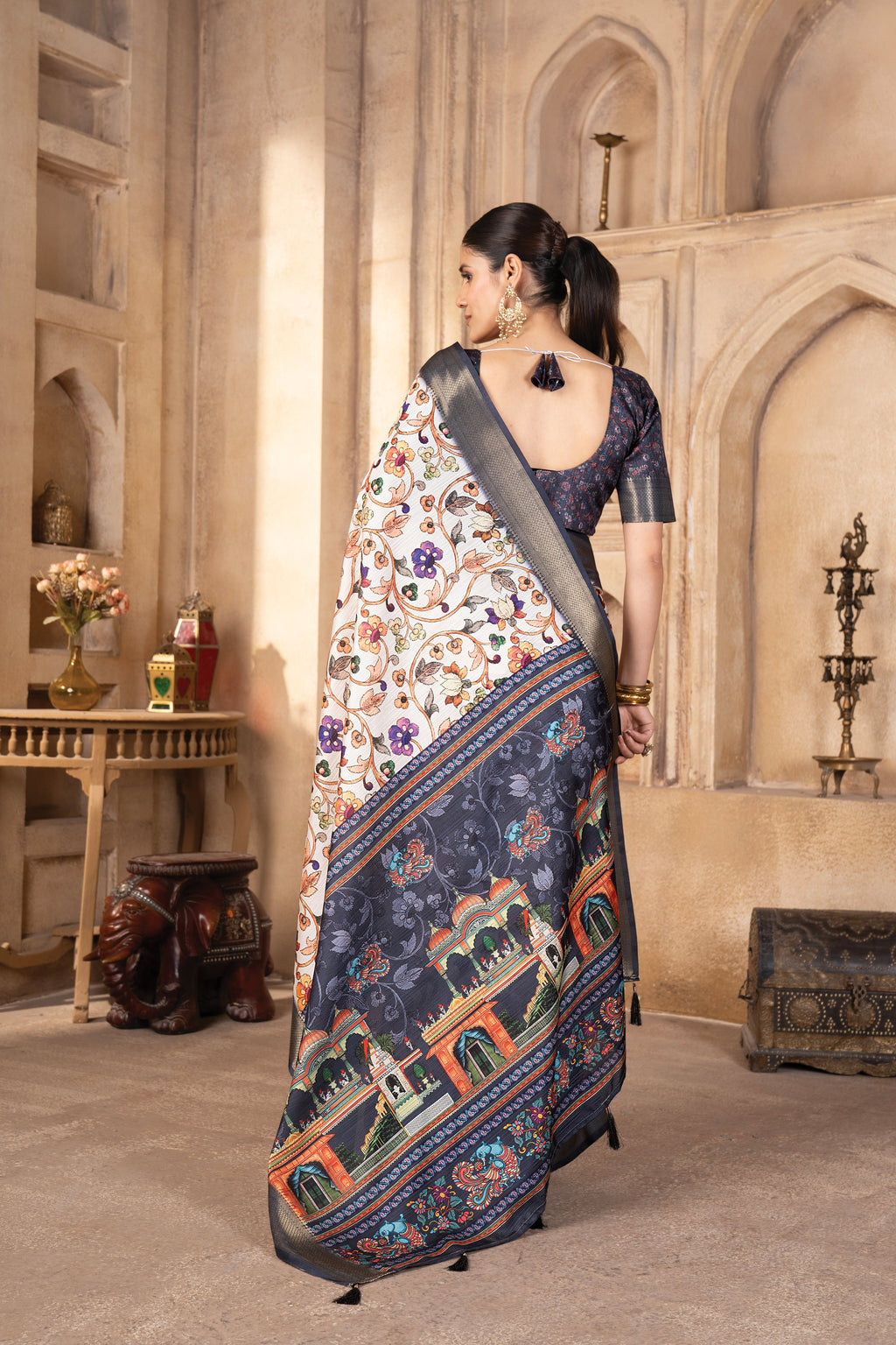 Cream Bhagalpuri Kalamkari Spun Cotton Zari Digital Print Saree