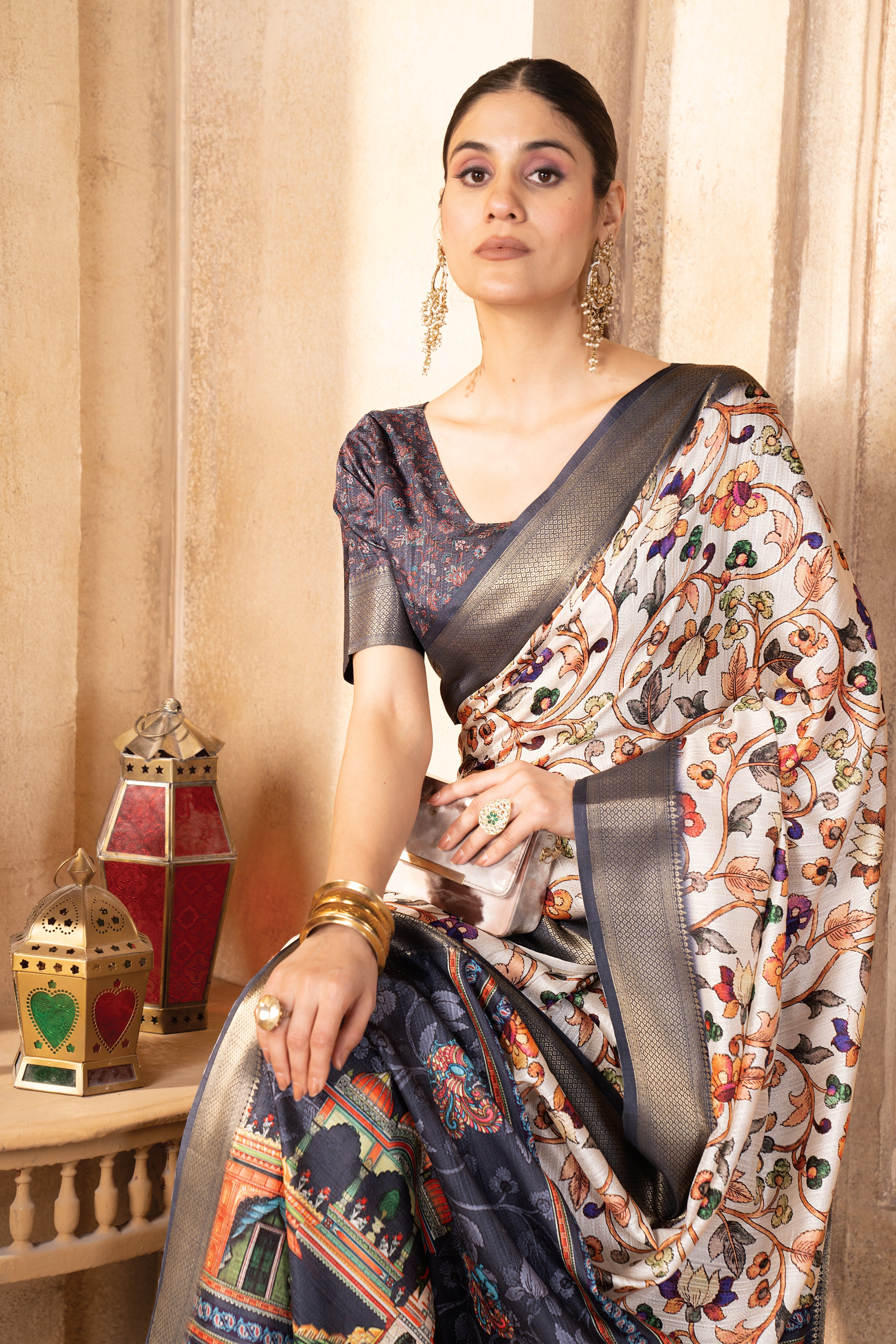 Cream Bhagalpuri Kalamkari Spun Cotton Zari Digital Print Saree