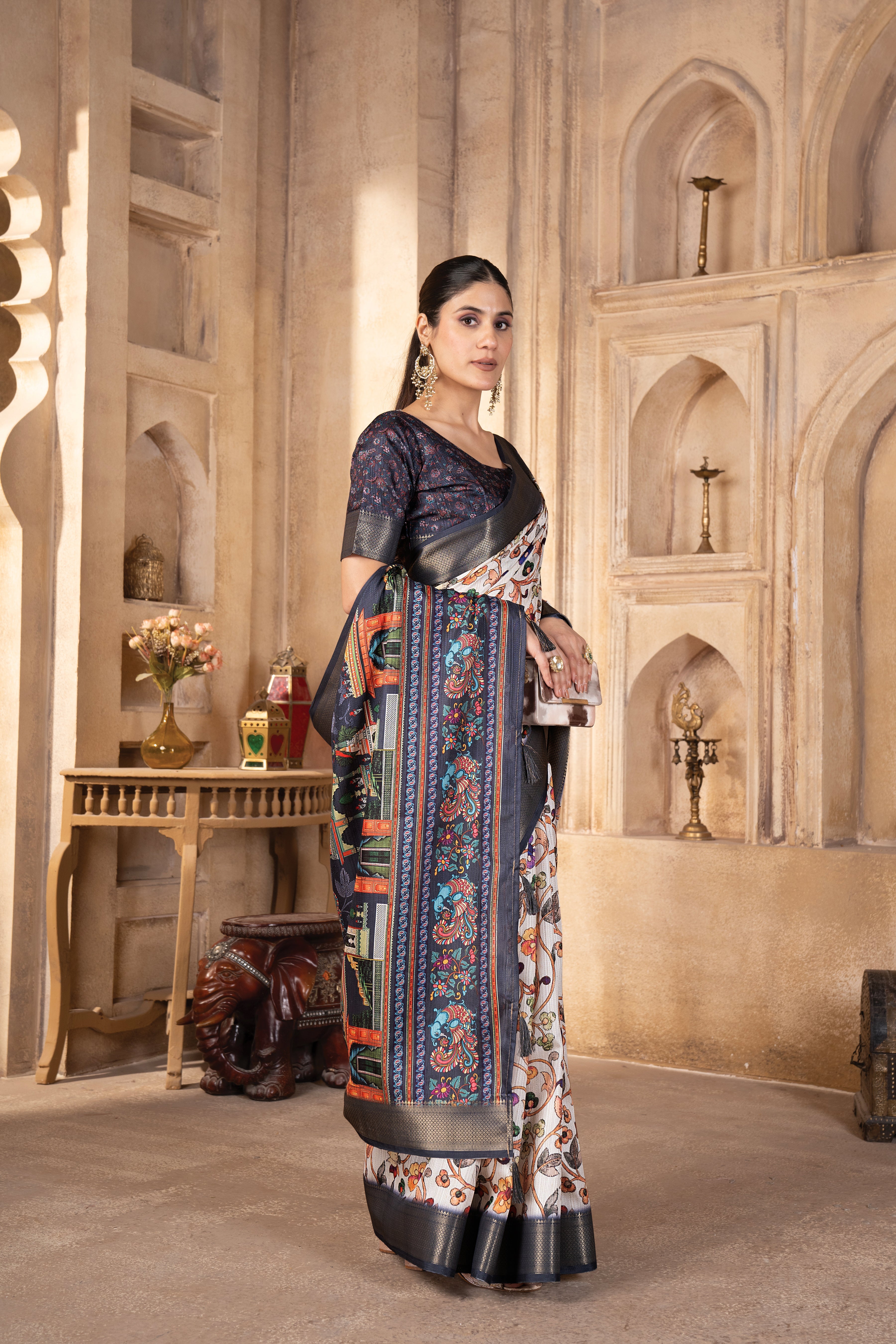 Cream Bhagalpuri Kalamkari Spun Cotton Zari Digital Print Saree