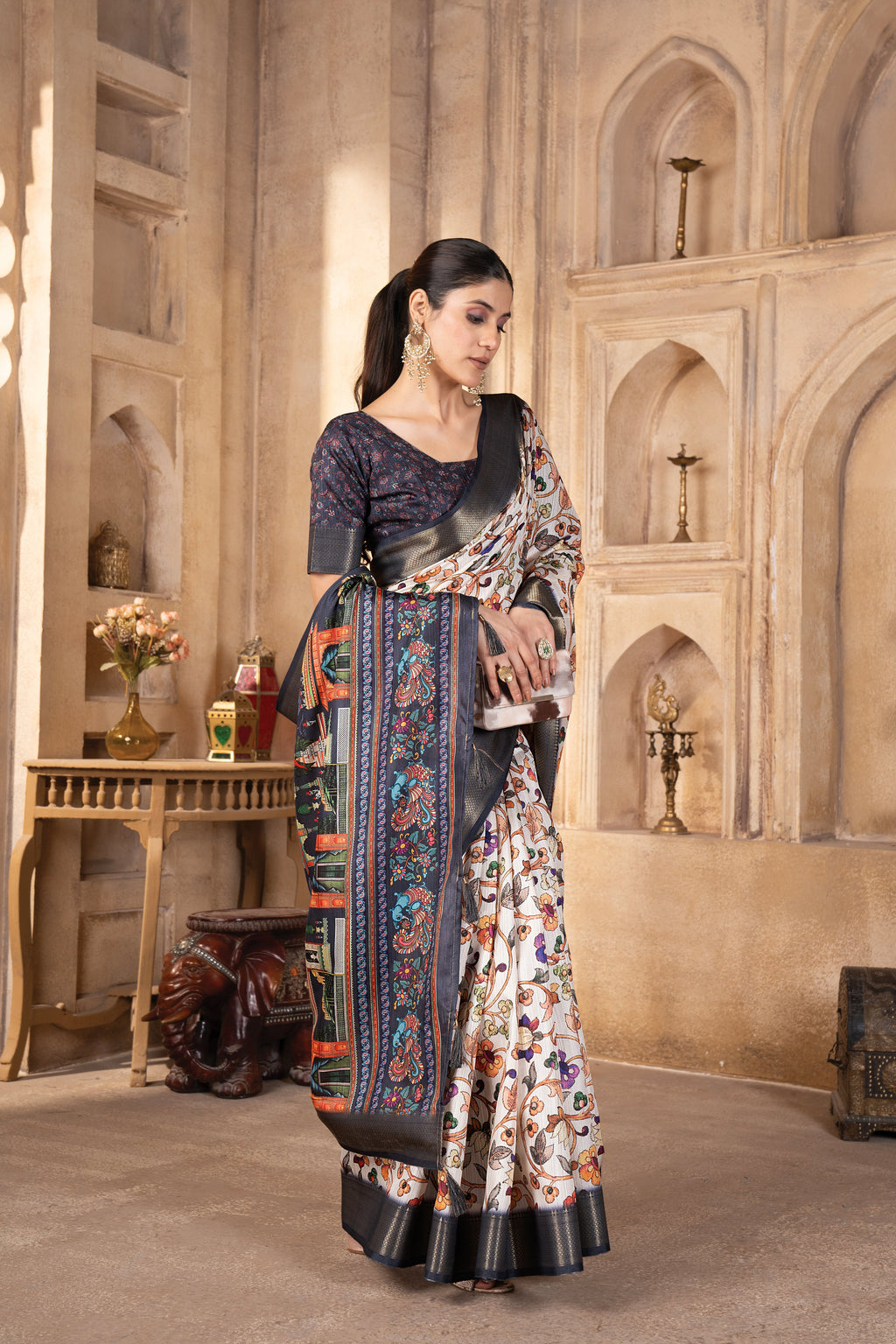 Cream Bhagalpuri Kalamkari Spun Cotton Zari Digital Print Saree