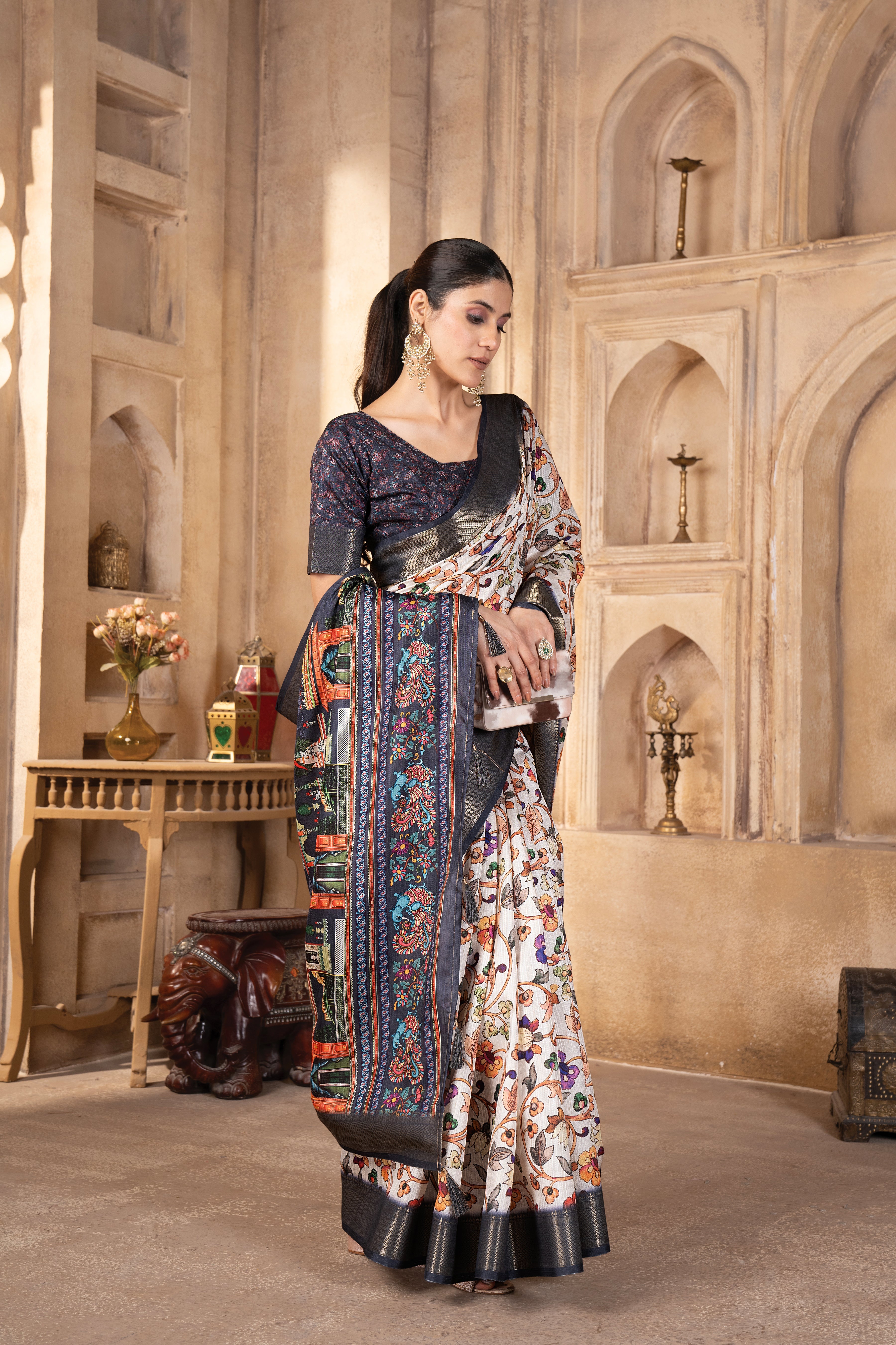 Cream Bhagalpuri Kalamkari Spun Cotton Zari Digital Print Saree