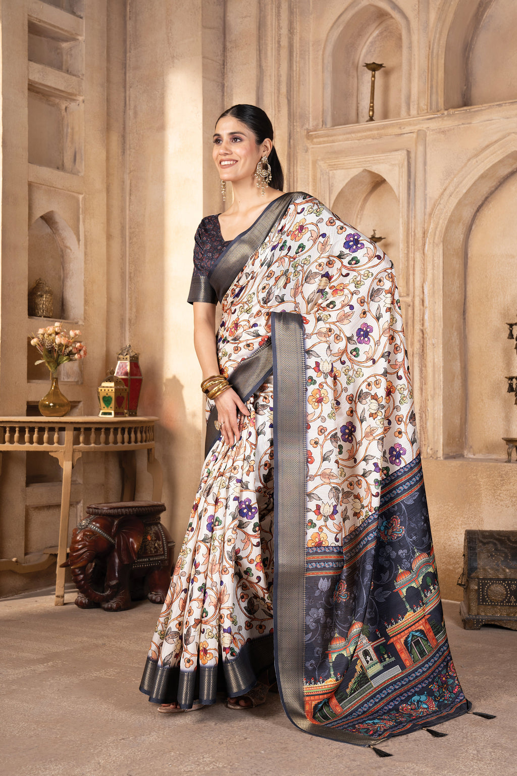 Cream Bhagalpuri Kalamkari Spun Cotton Zari Digital Print Saree