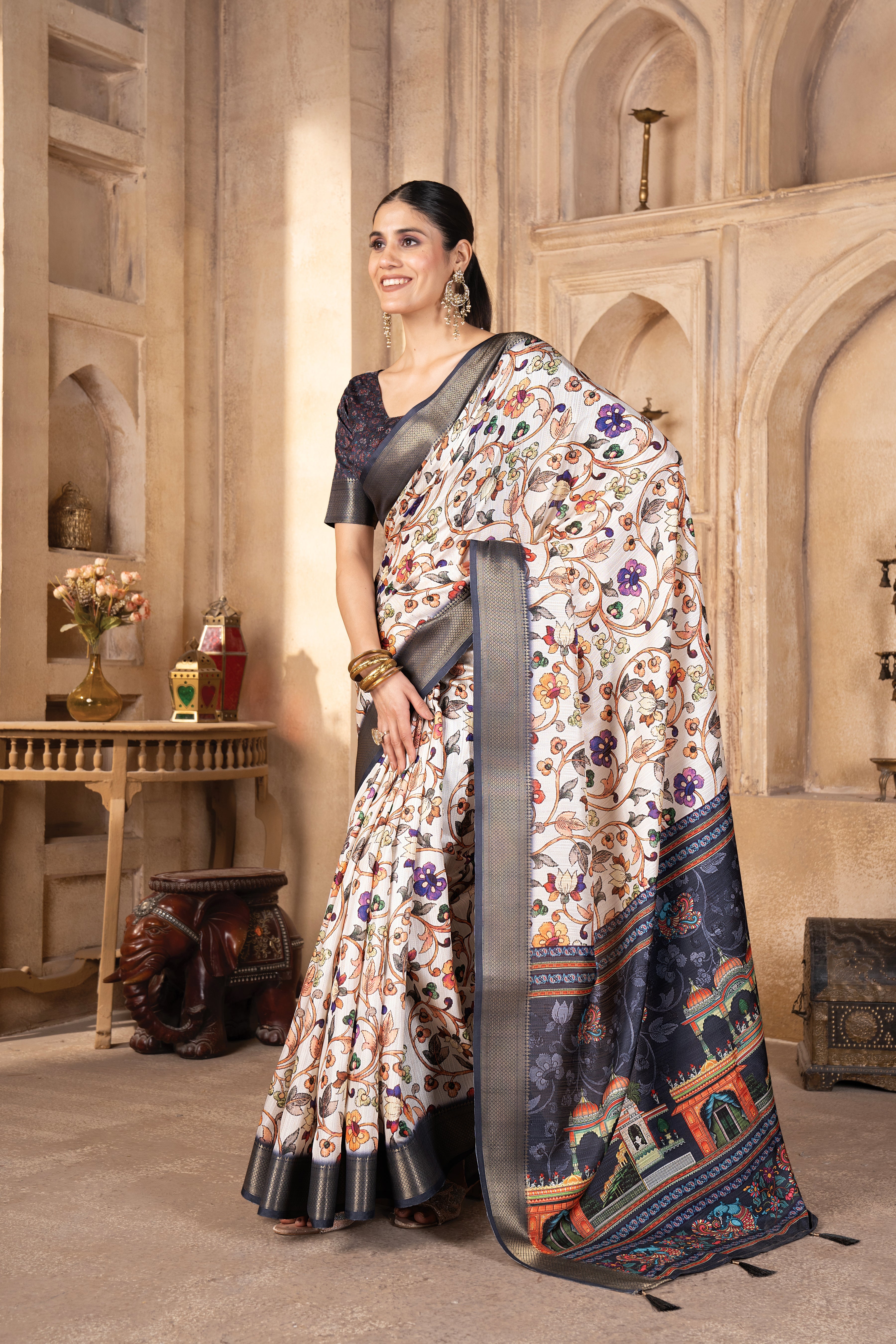 Cream Bhagalpuri Kalamkari Spun Cotton Zari Digital Print Saree