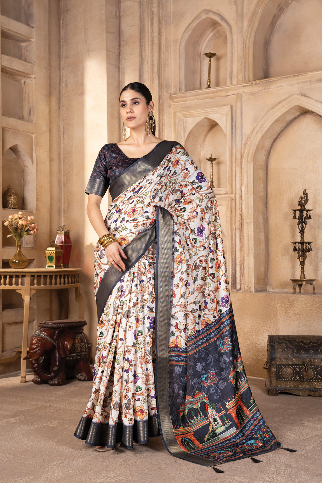 Cream Bhagalpuri Kalamkari Spun Cotton Zari Digital Print Saree