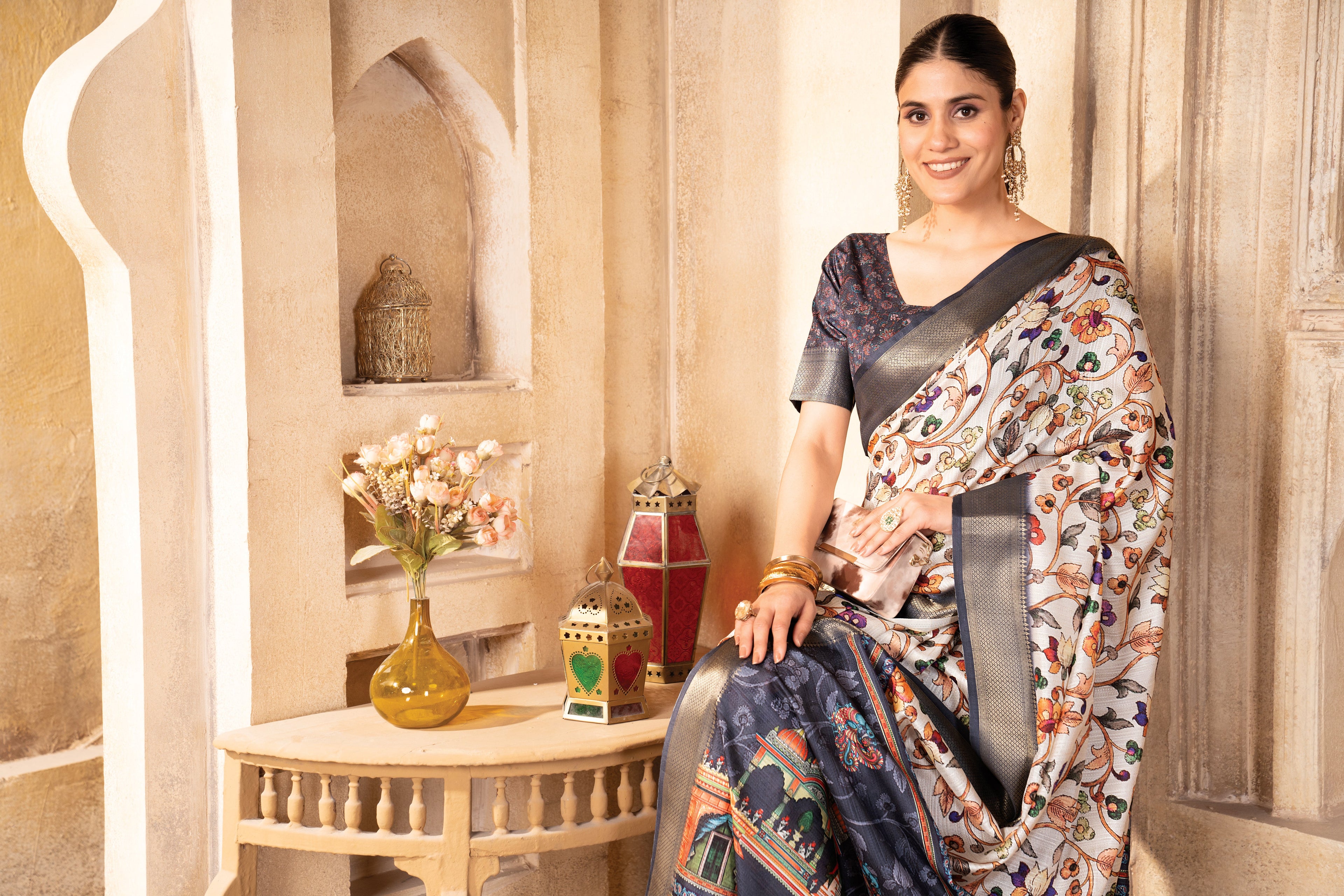 Cream Bhagalpuri Kalamkari Spun Cotton Zari Digital Print Saree