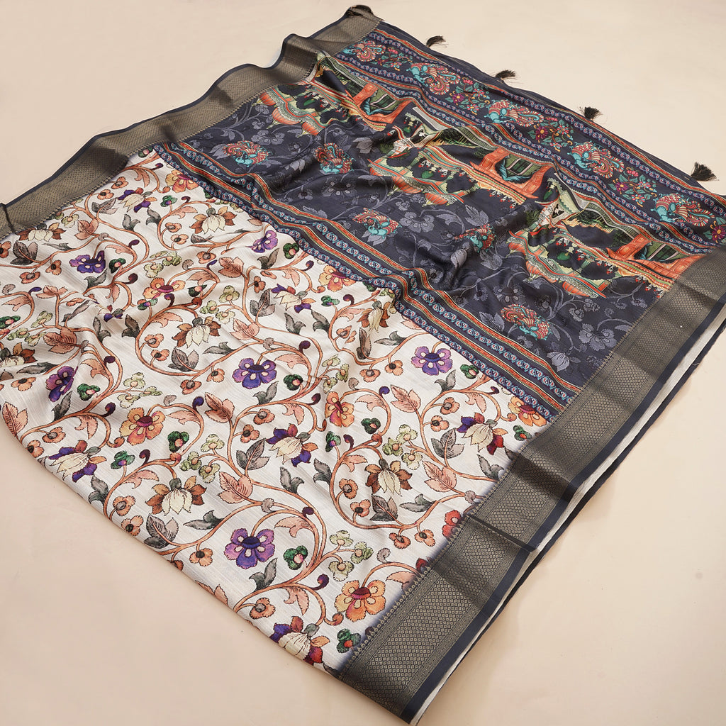 Cream Bhagalpuri Kalamkari Spun Cotton Zari Digital Print Saree