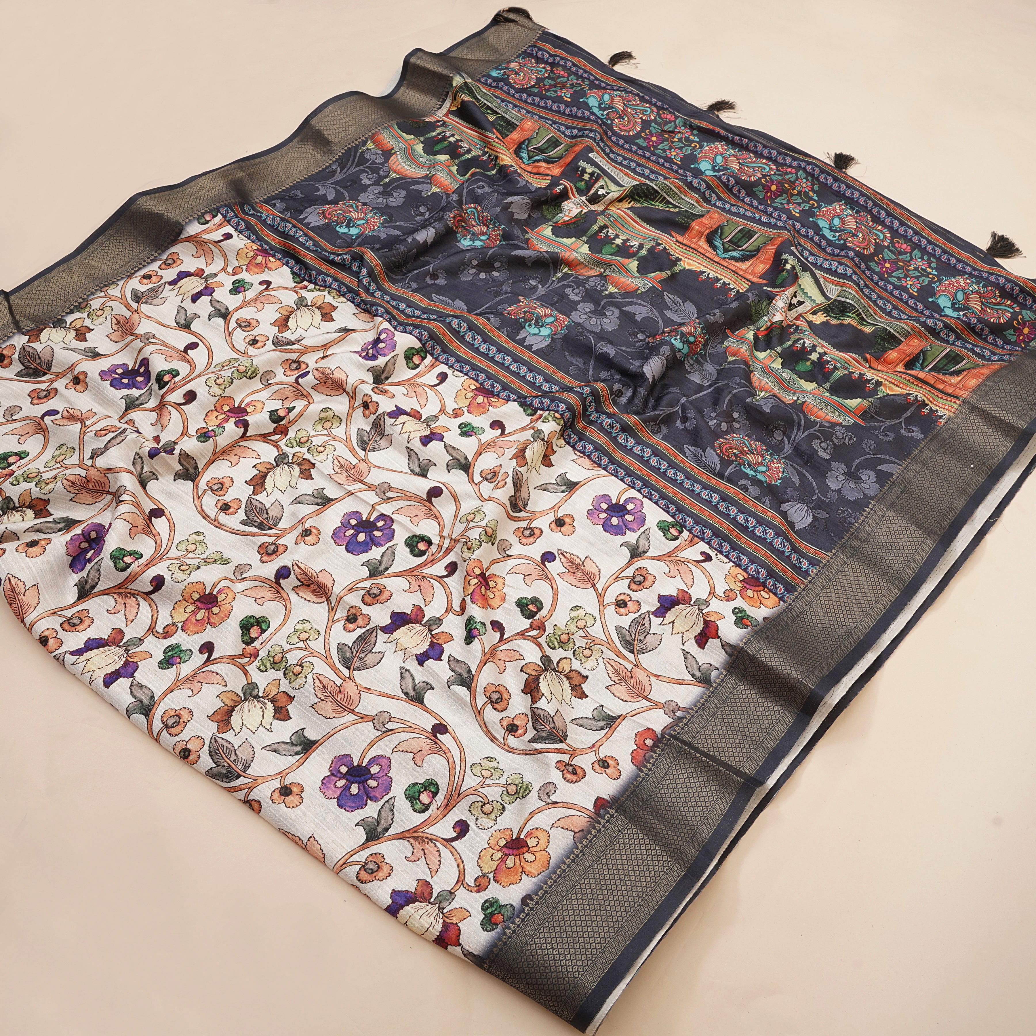 Cream Bhagalpuri Kalamkari Spun Cotton Zari Digital Print Saree