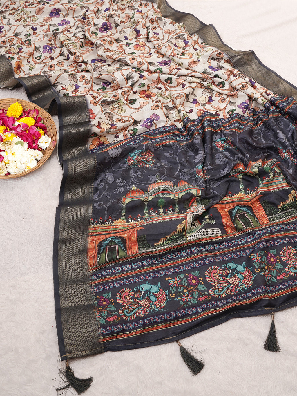 Cream Bhagalpuri Kalamkari Spun Cotton Zari Digital Print Saree