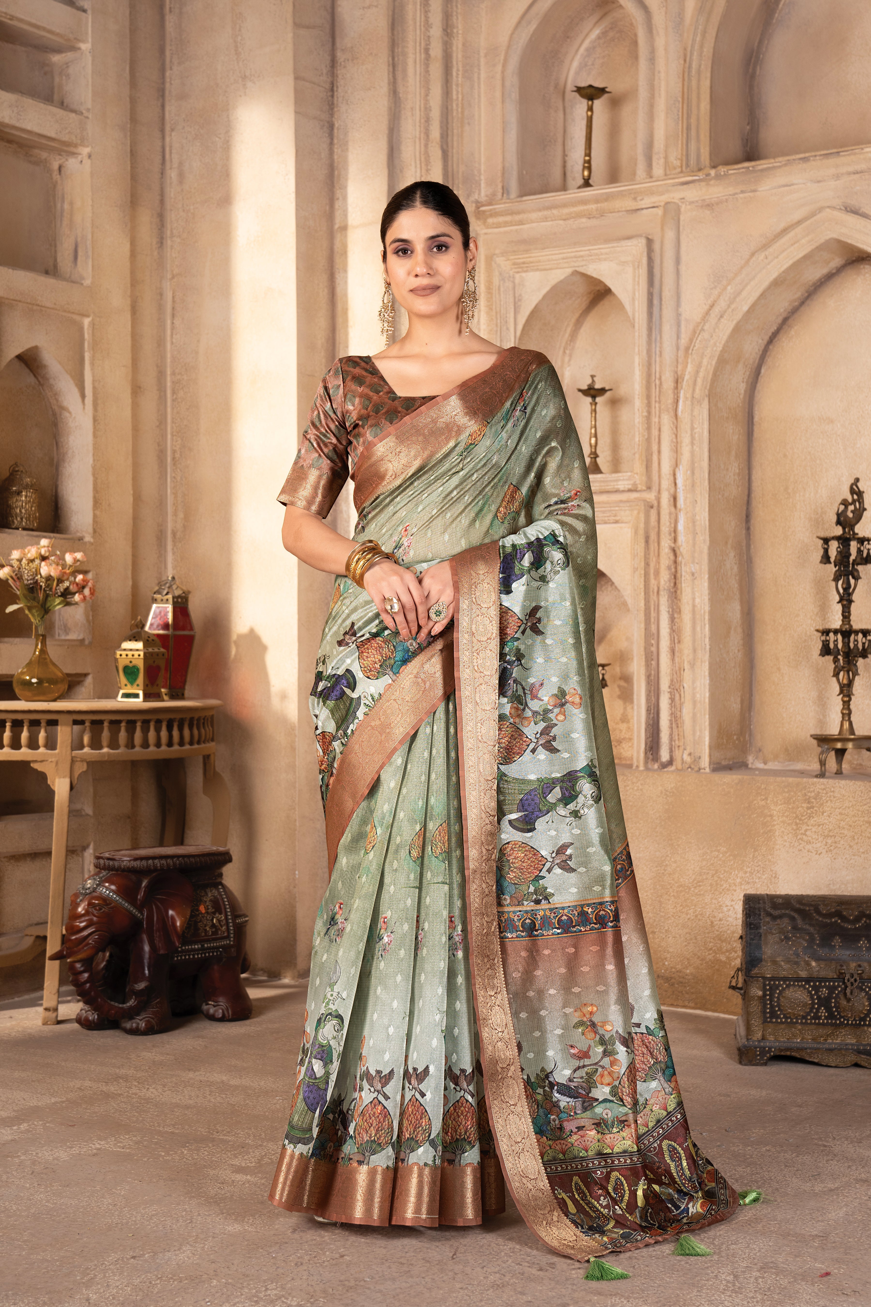 Pista Green Tussar Silk Digital Figure Print Saree