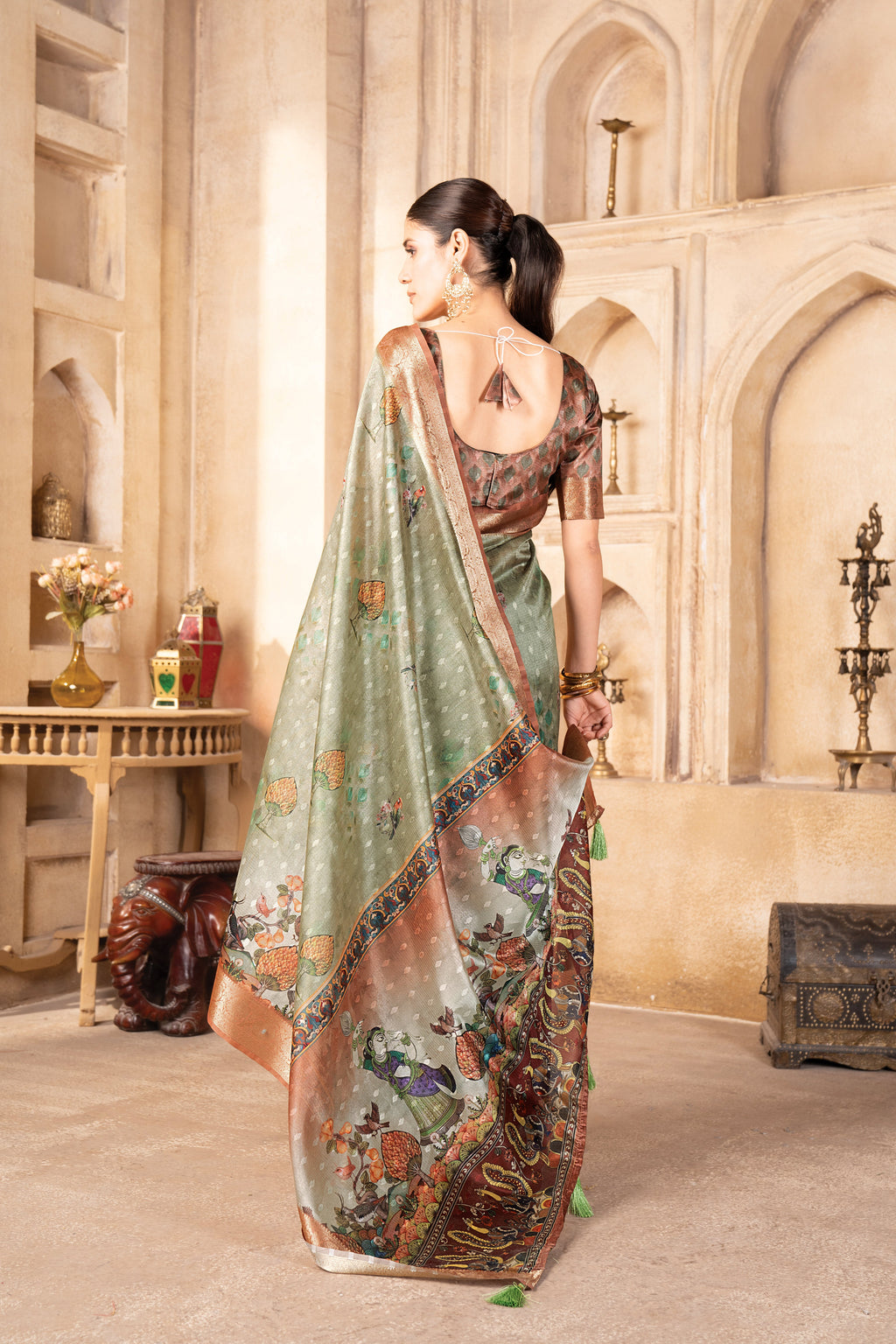 Pista Green Tussar Silk Digital Figure Print Saree