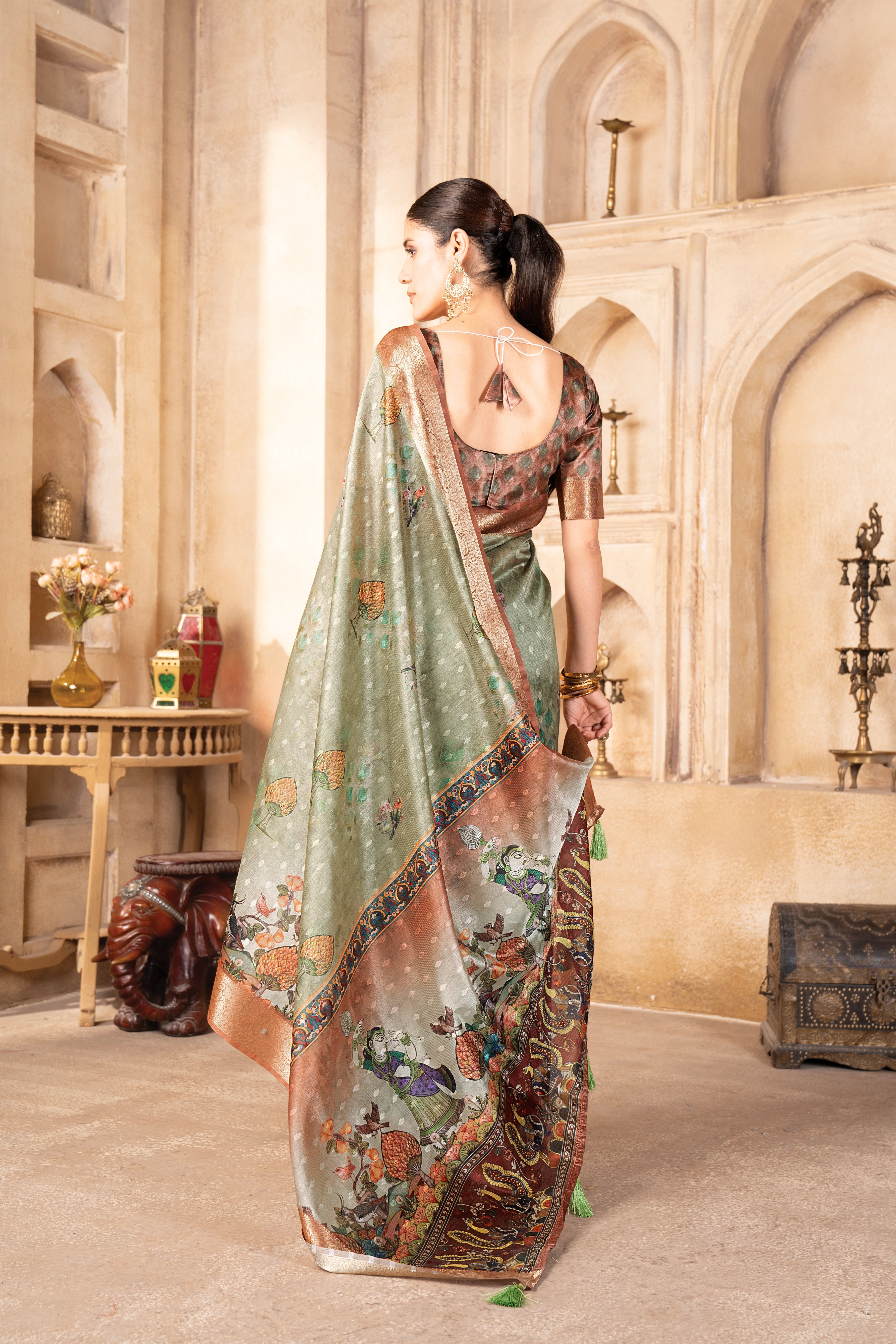Pista Green Tussar Silk Digital Figure Print Saree