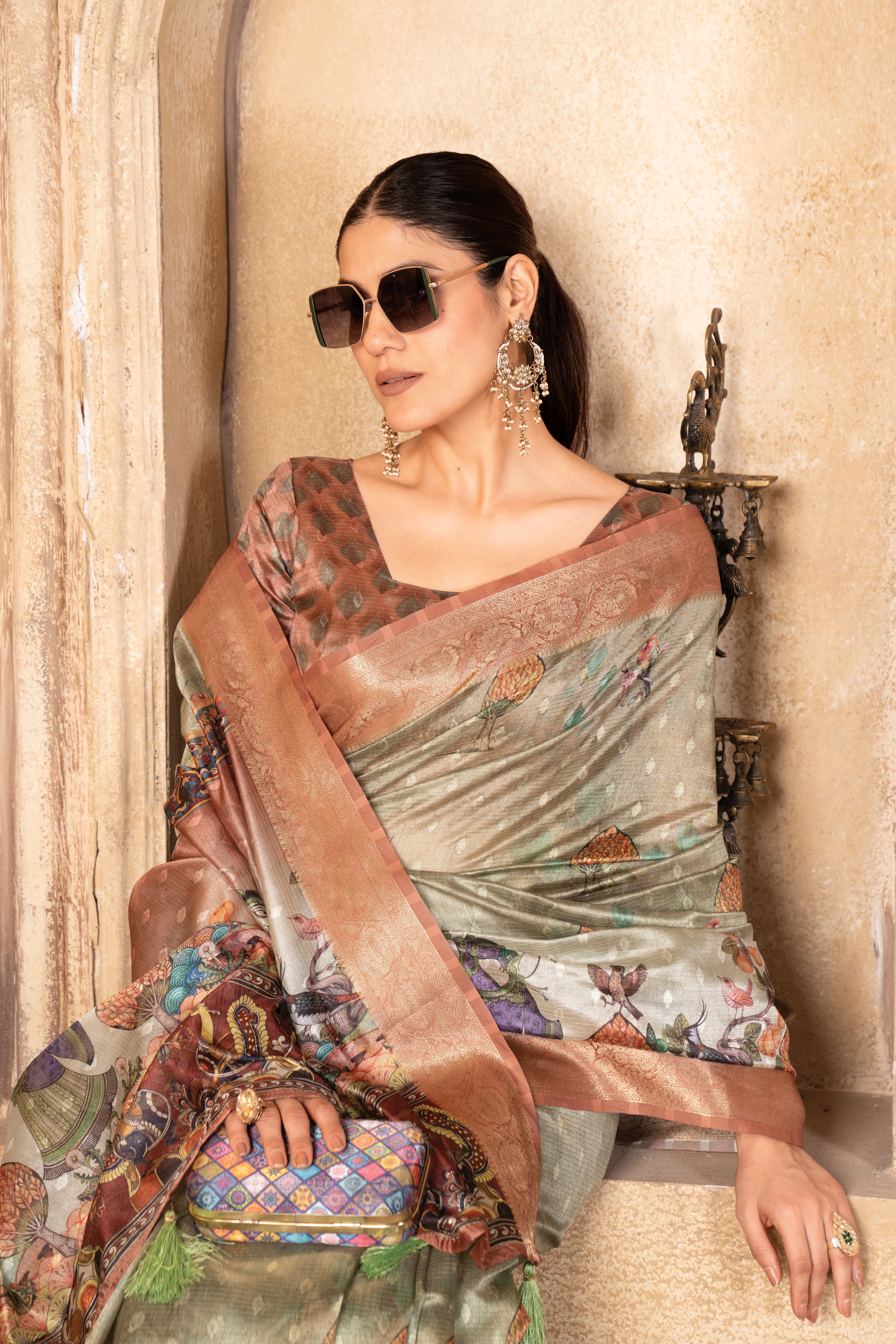 Pista Green Tussar Silk Digital Figure Print Saree