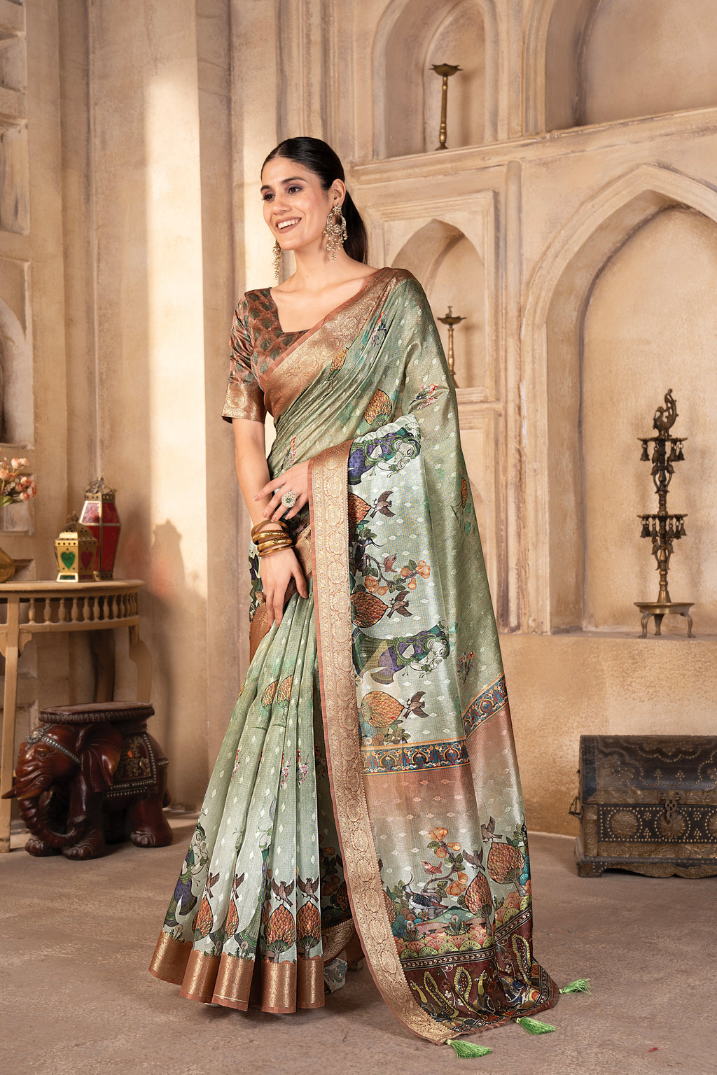Pista Green Tussar Silk Digital Figure Print Saree