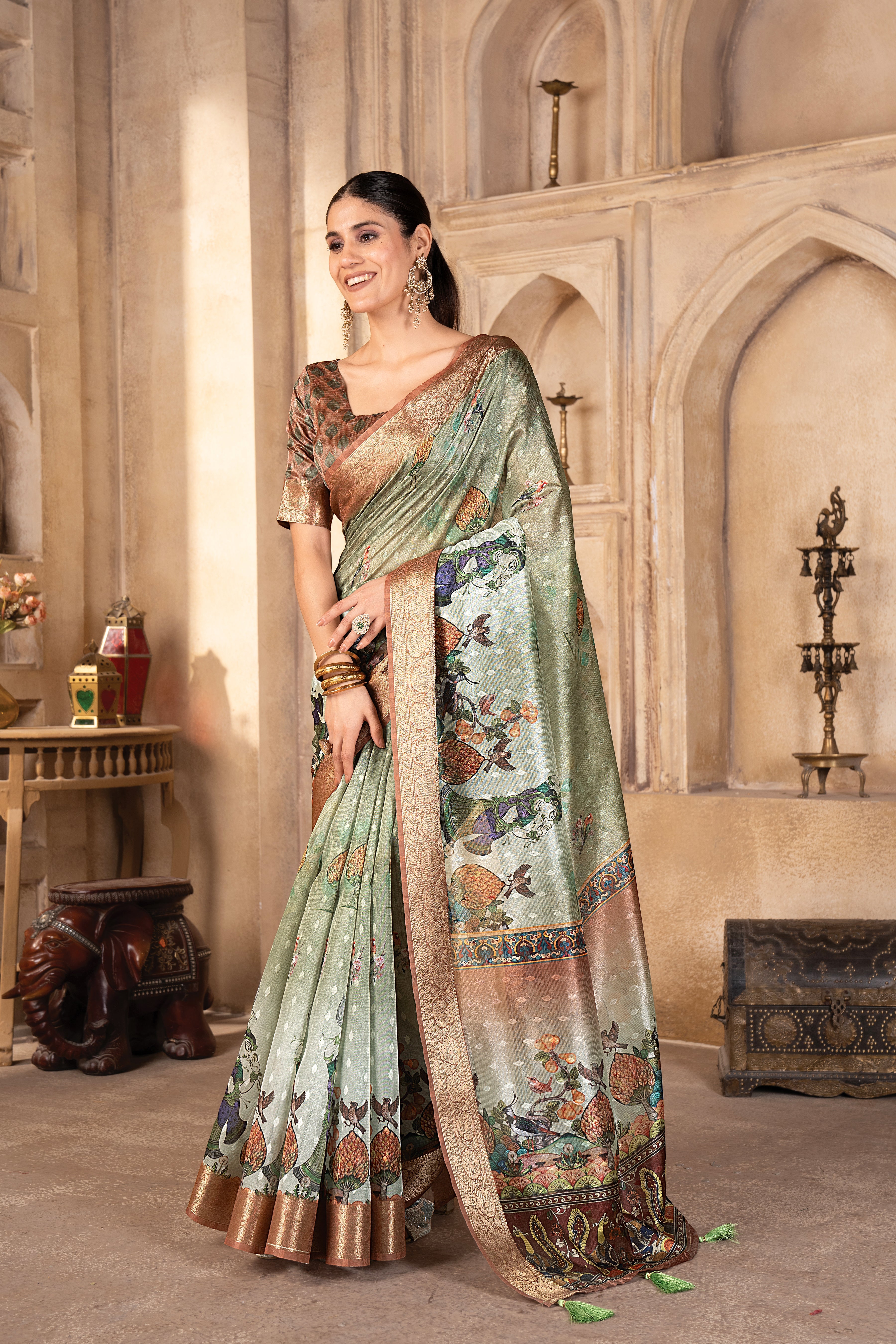 Pista Green Tussar Silk Digital Figure Print Saree