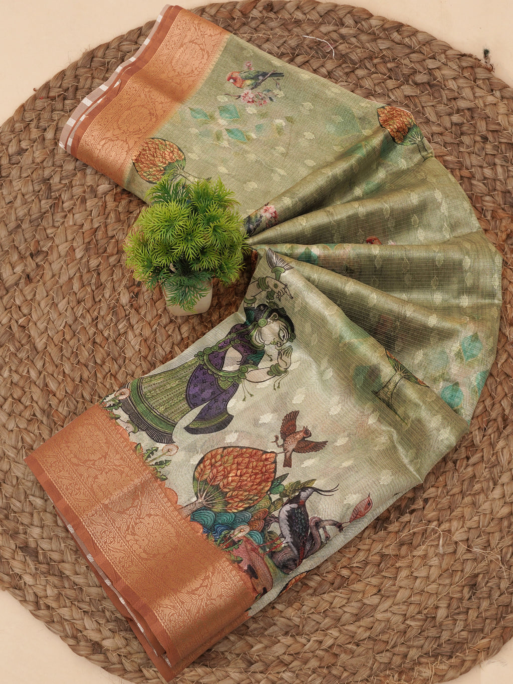 Pista Green Tussar Silk Digital Figure Print Saree