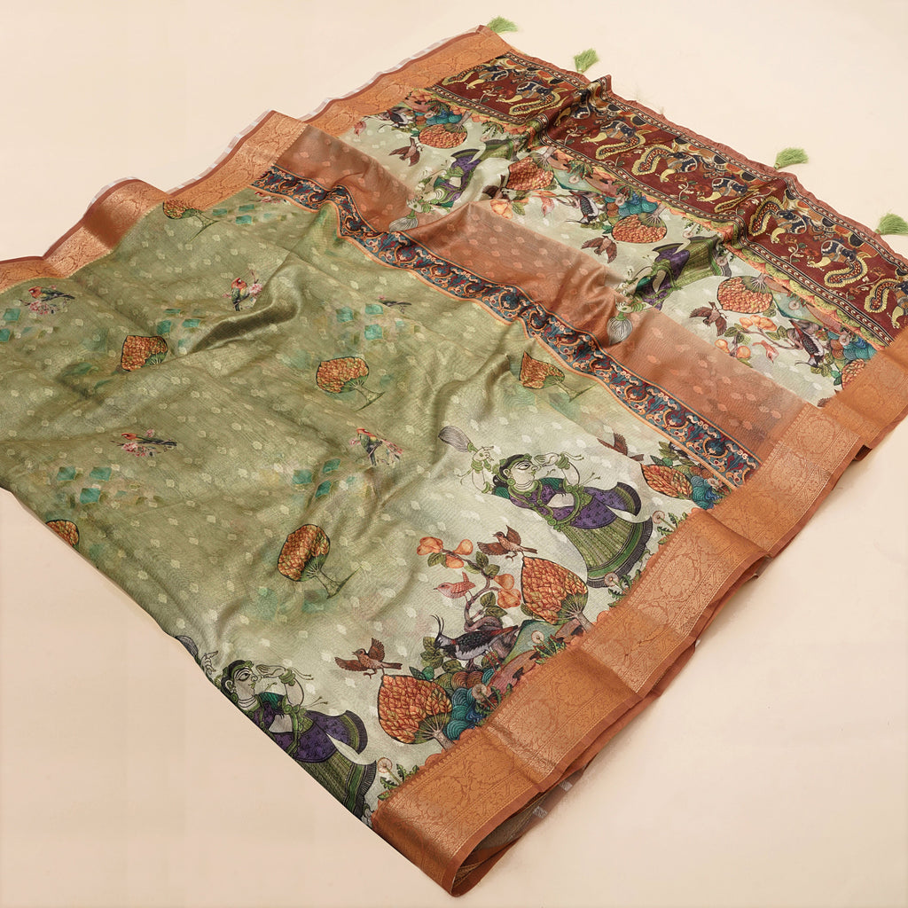 Pista Green Tussar Silk Digital Figure Print Saree