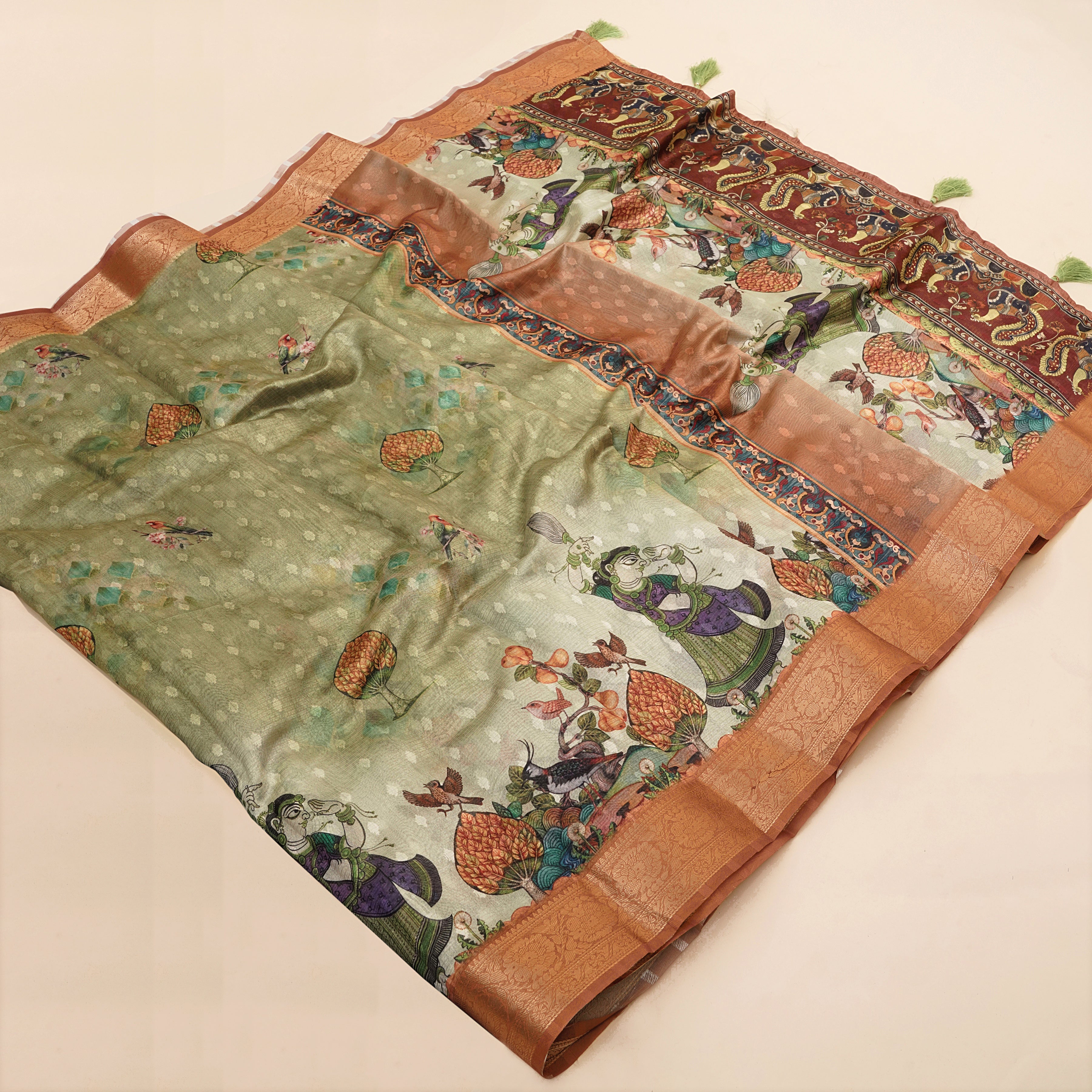 Pista Green Tussar Silk Digital Figure Print Saree