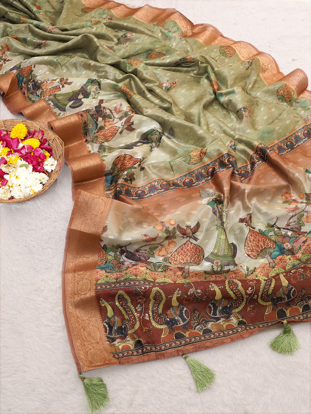 Pista Green Tussar Silk Digital Figure Print Saree